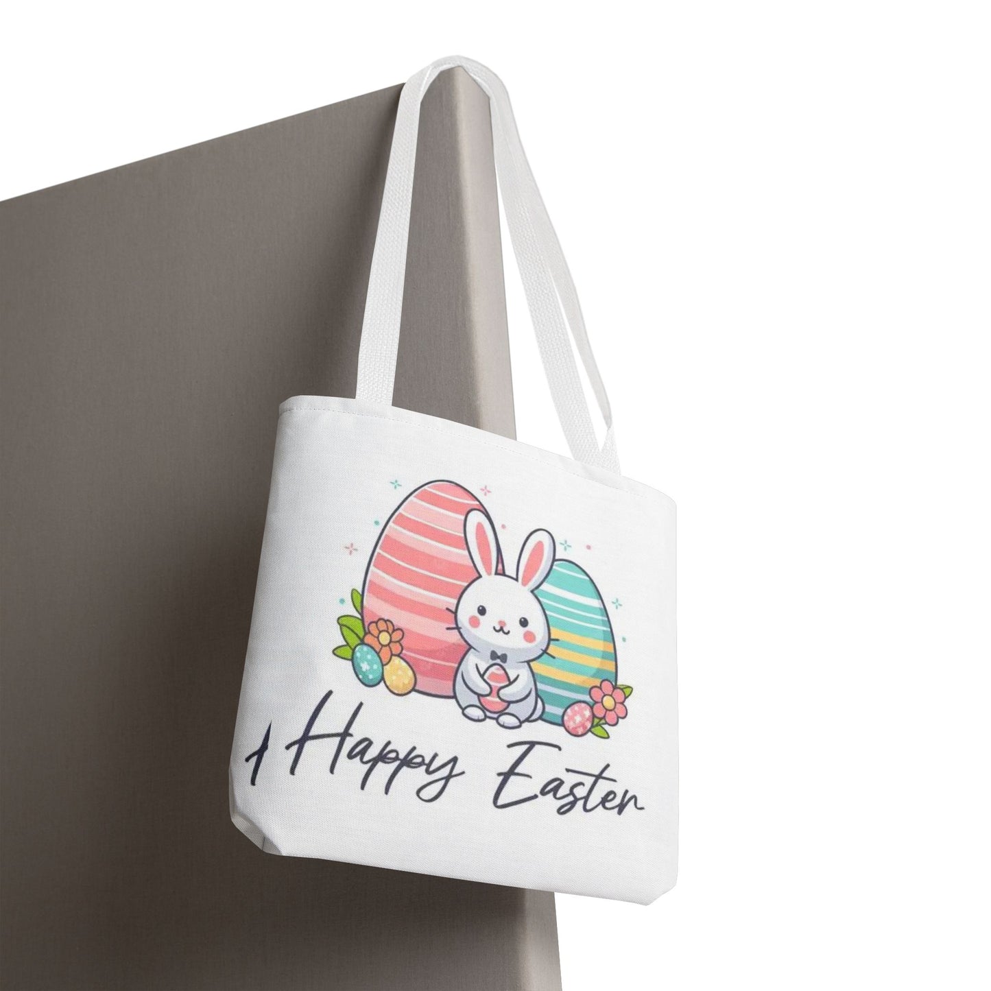 Easter Bunny Tote Bag — Cute "Happy Easter" Bunny with Colorful Eggs