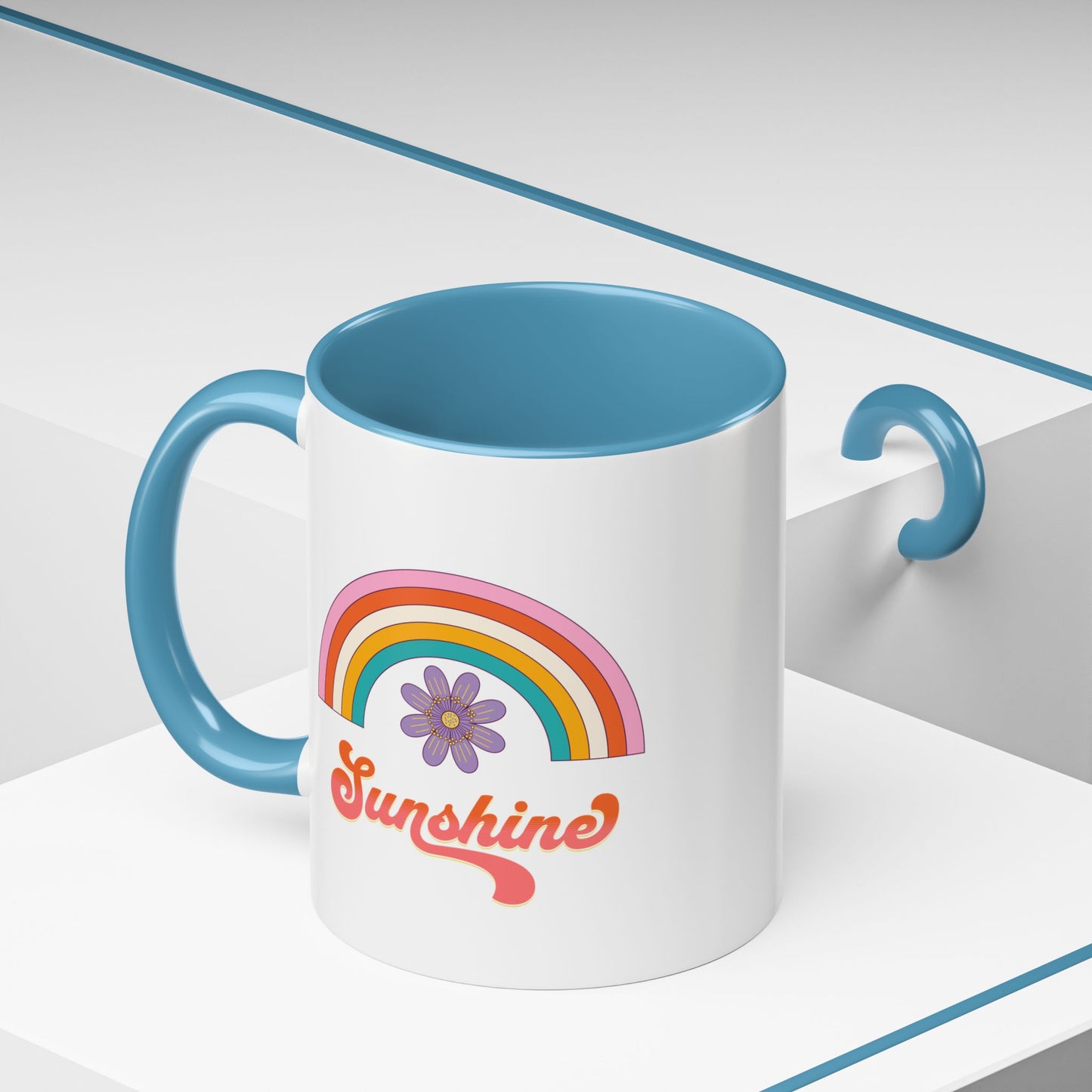 Sunshine Rainbow Accent Coffee Mug — Retro Flower 70s Vibe