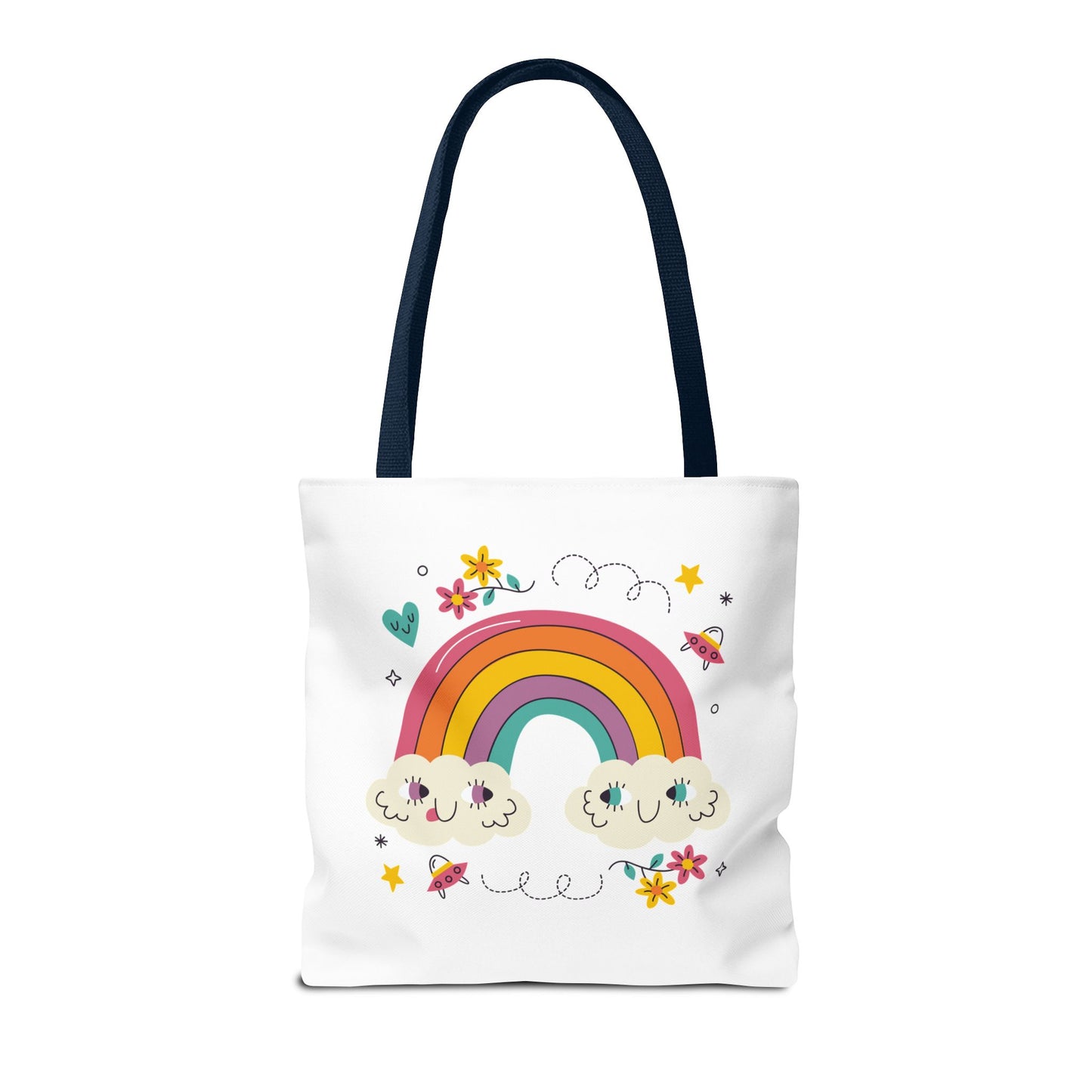 Cute Rainbow Tote Bag — Kawaii Smiling Clouds, Floral & Heart Print