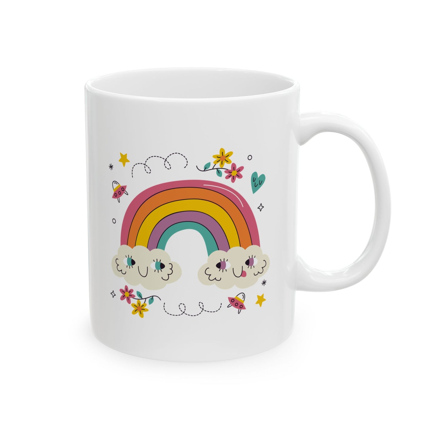 Rainbow Cloud Ceramic Mug – Cute Kawaii Rainbow & Stars Coffee Cup (11oz, 15oz)