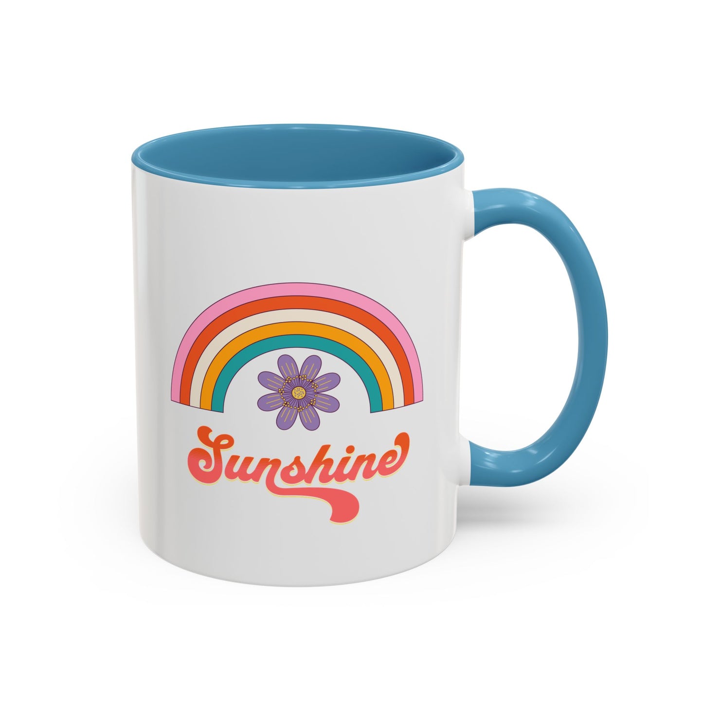 Sunshine Rainbow Accent Coffee Mug — Retro Flower 70s Vibe