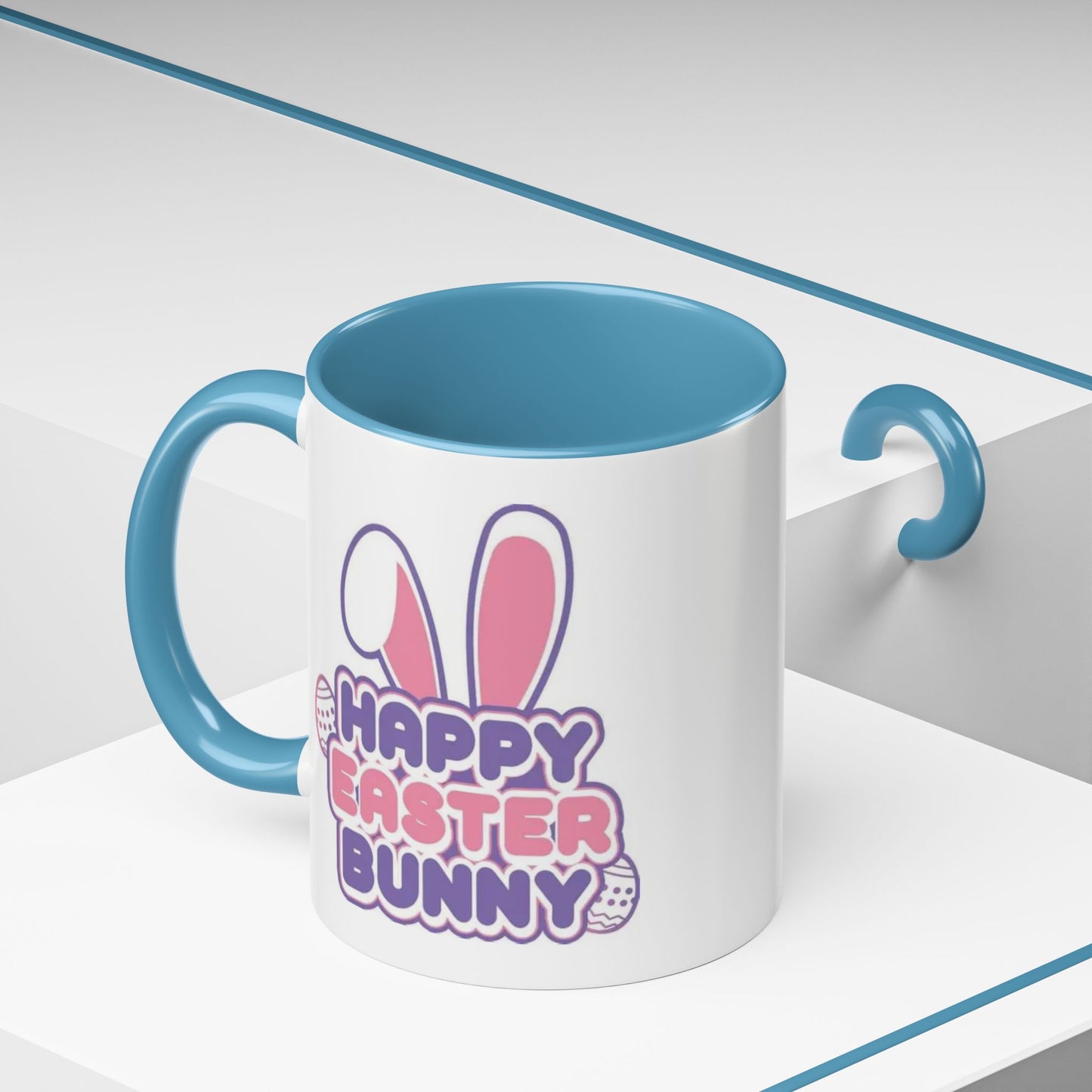 Happy Easter Bunny Accent Coffee Mug — Pink Interior 11/15oz, Cute Holiday Gift