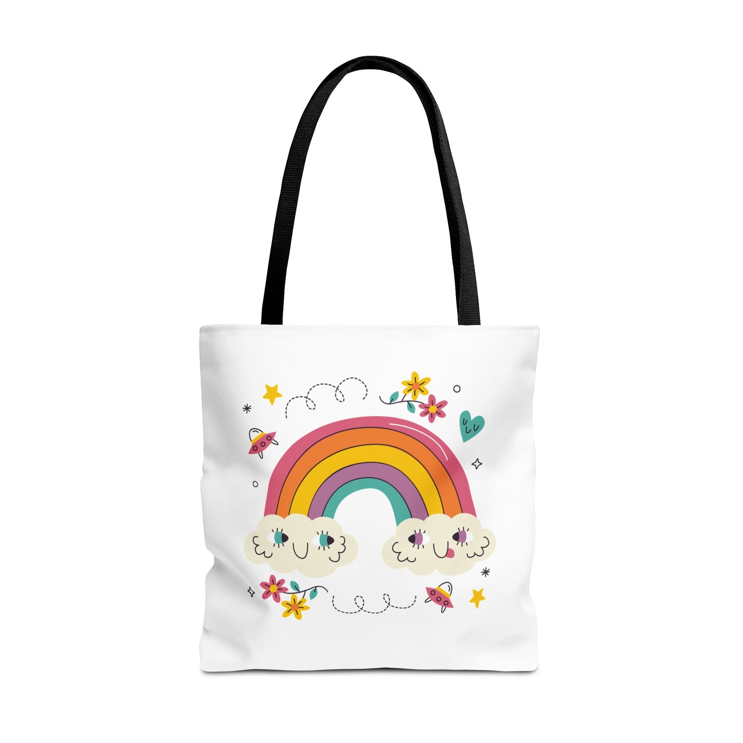 Cute Rainbow Tote Bag — Kawaii Smiling Clouds, Floral & Heart Print