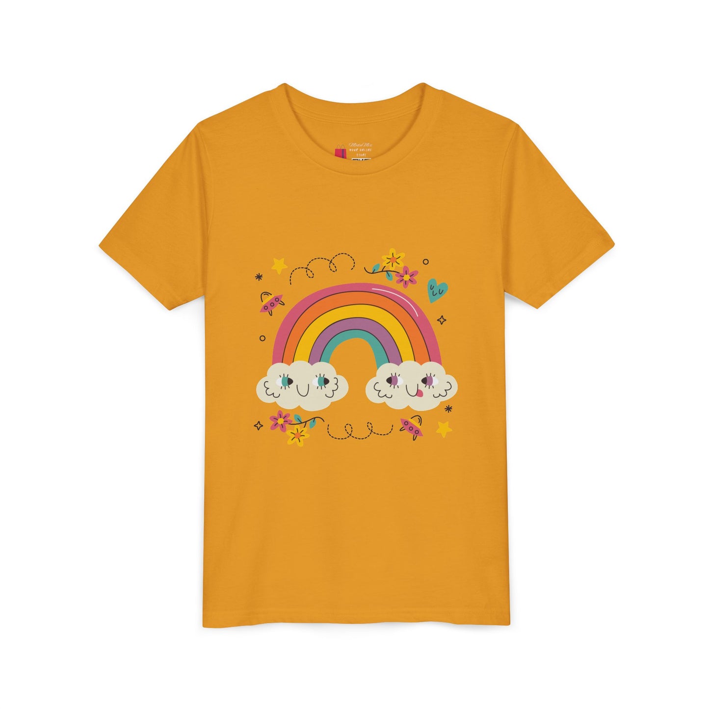 Youth Rainbow Tee — Cute Smiling Clouds & Rainbow Kids Shirt