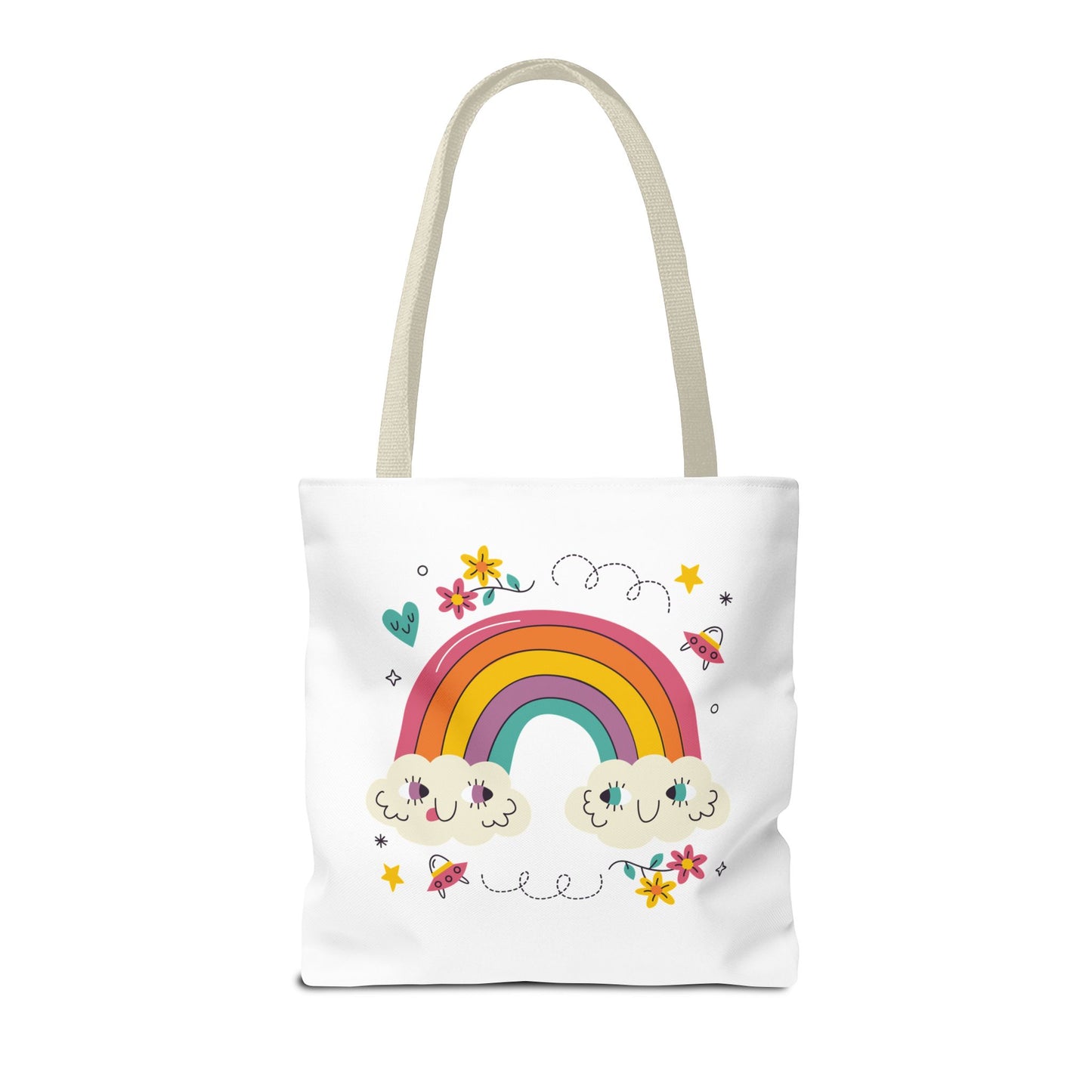 Cute Rainbow Tote Bag — Kawaii Smiling Clouds, Floral & Heart Print