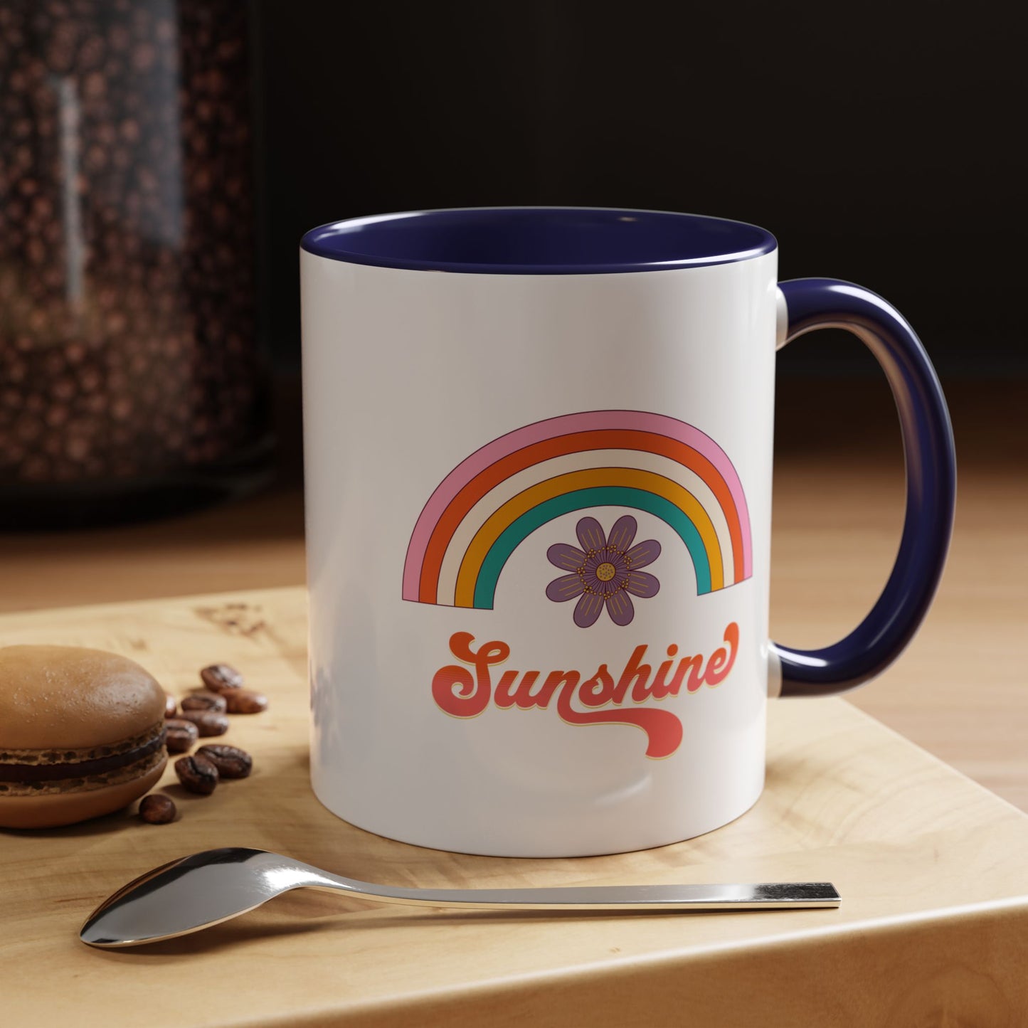 Sunshine Rainbow Accent Coffee Mug — Retro Flower 70s Vibe