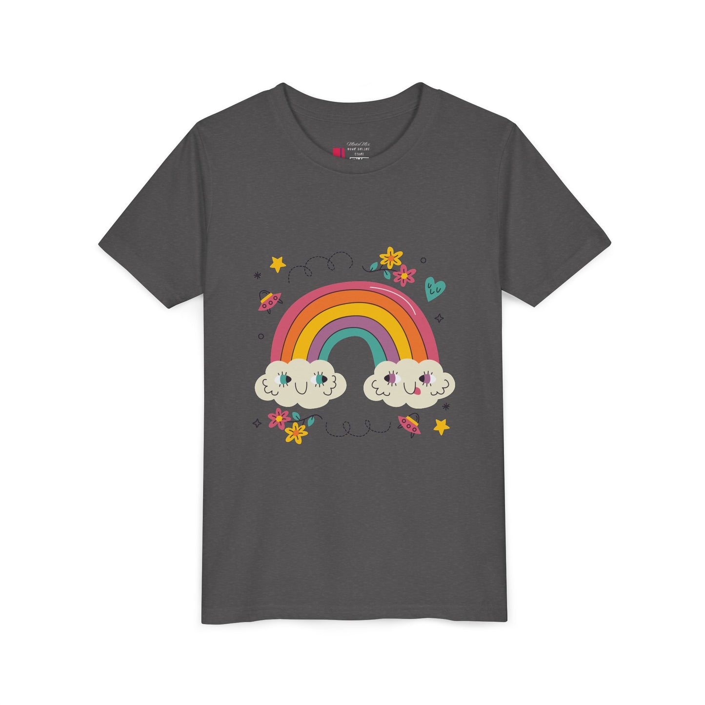Youth Rainbow Tee — Cute Smiling Clouds & Rainbow Kids Shirt