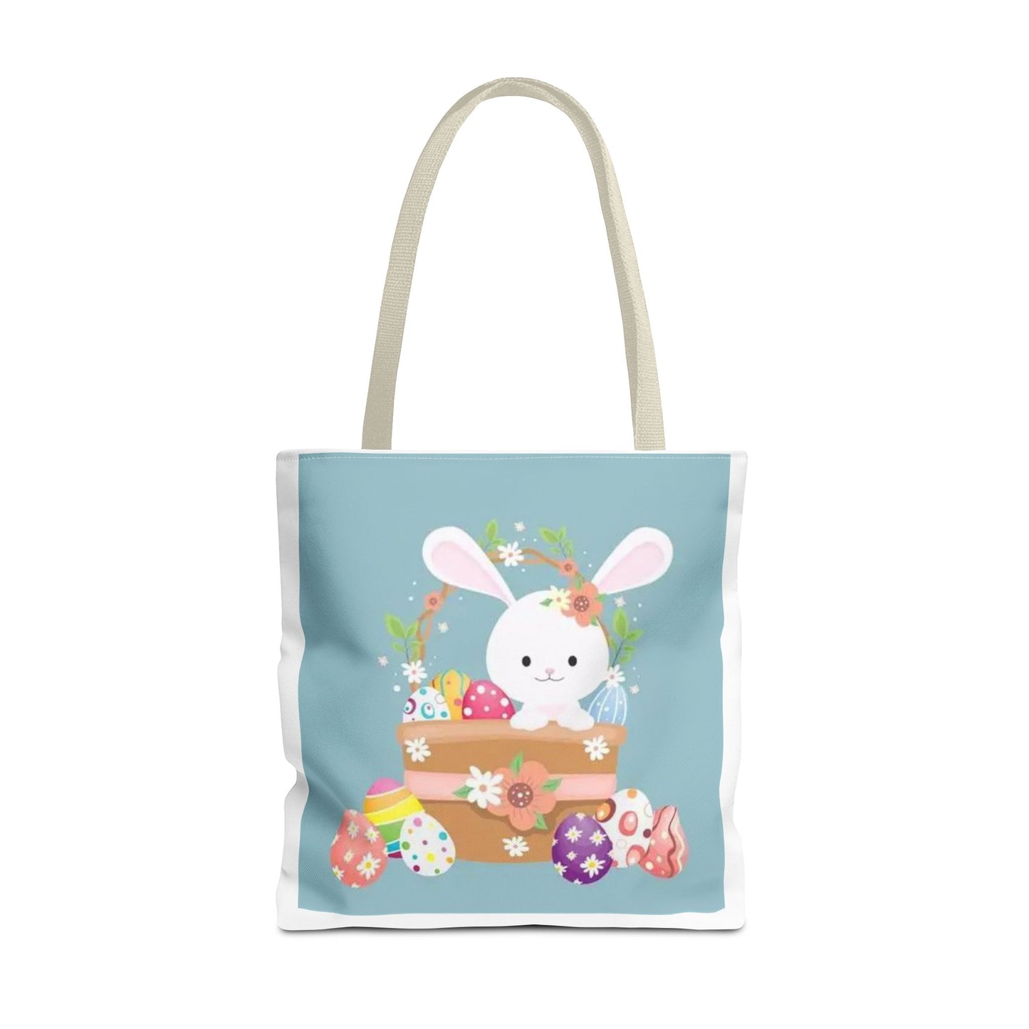 Easter Bunny Tote Bag — Cute Floral Bunny with Painted Eggs All-Over Print