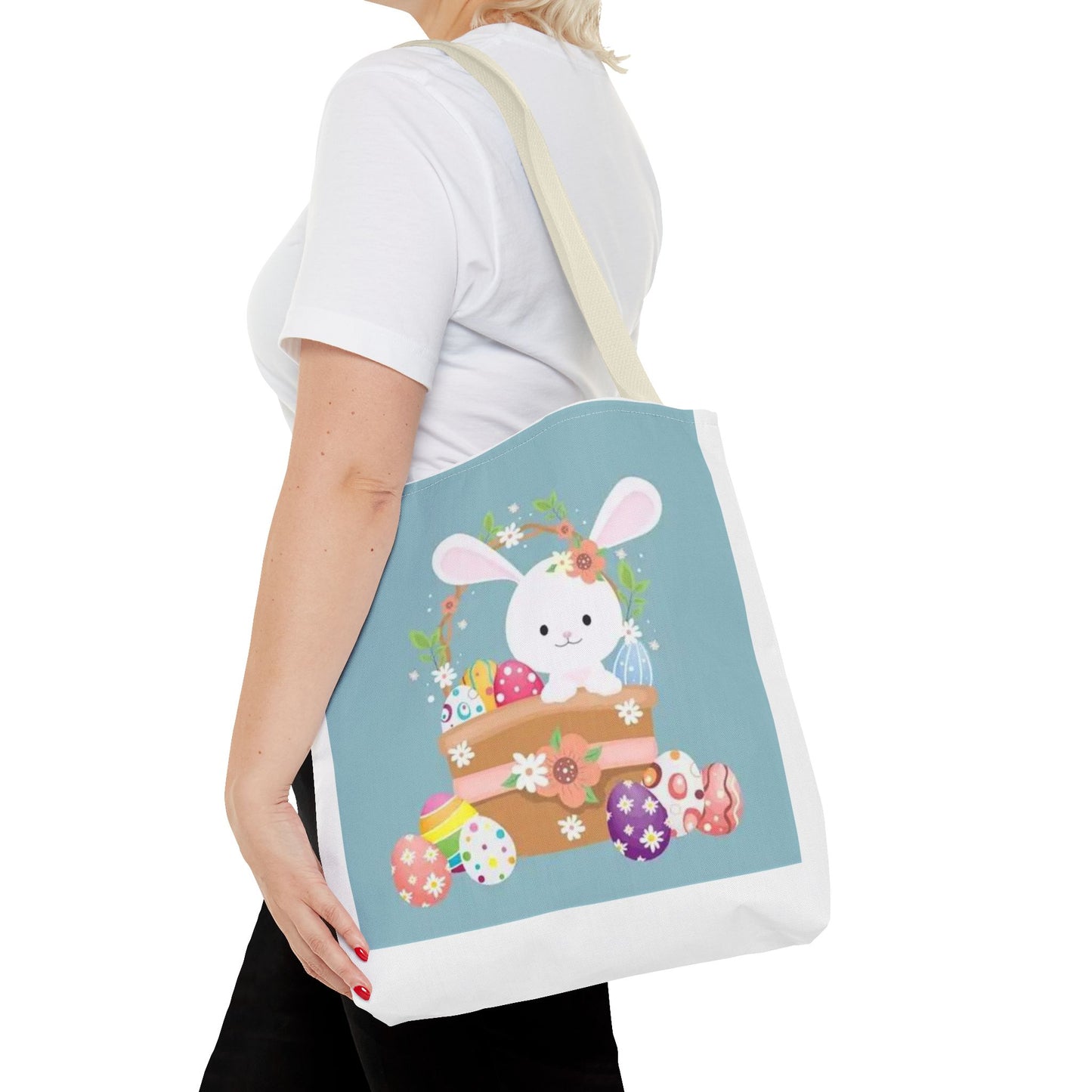 Easter Bunny Tote Bag — Cute Floral Bunny with Painted Eggs All-Over Print