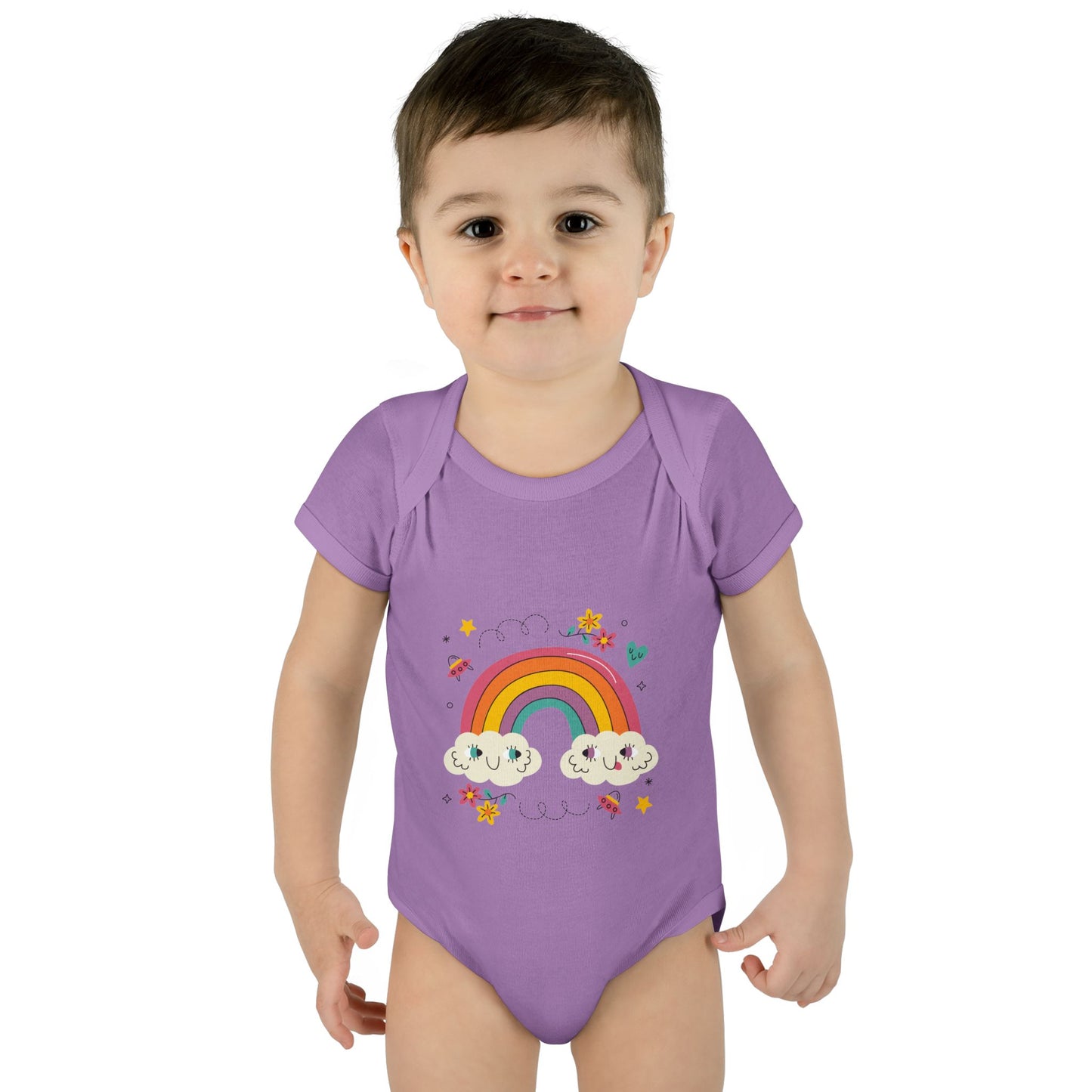 Baby Bodysuit — Cute Rainbow with Smiling Clouds Infant Onesie