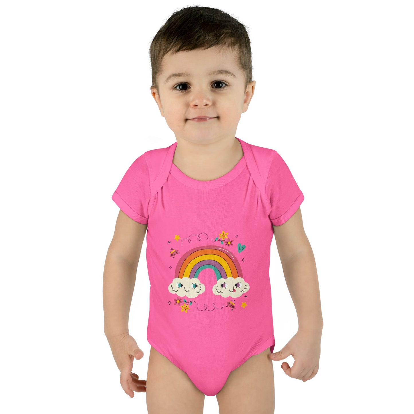 Baby Bodysuit — Cute Rainbow with Smiling Clouds Infant Onesie