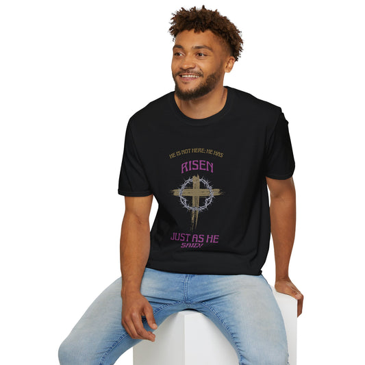 Christian Risen Cross T-Shirt — "He Is Not Here, He’s Risen" Easter Tee