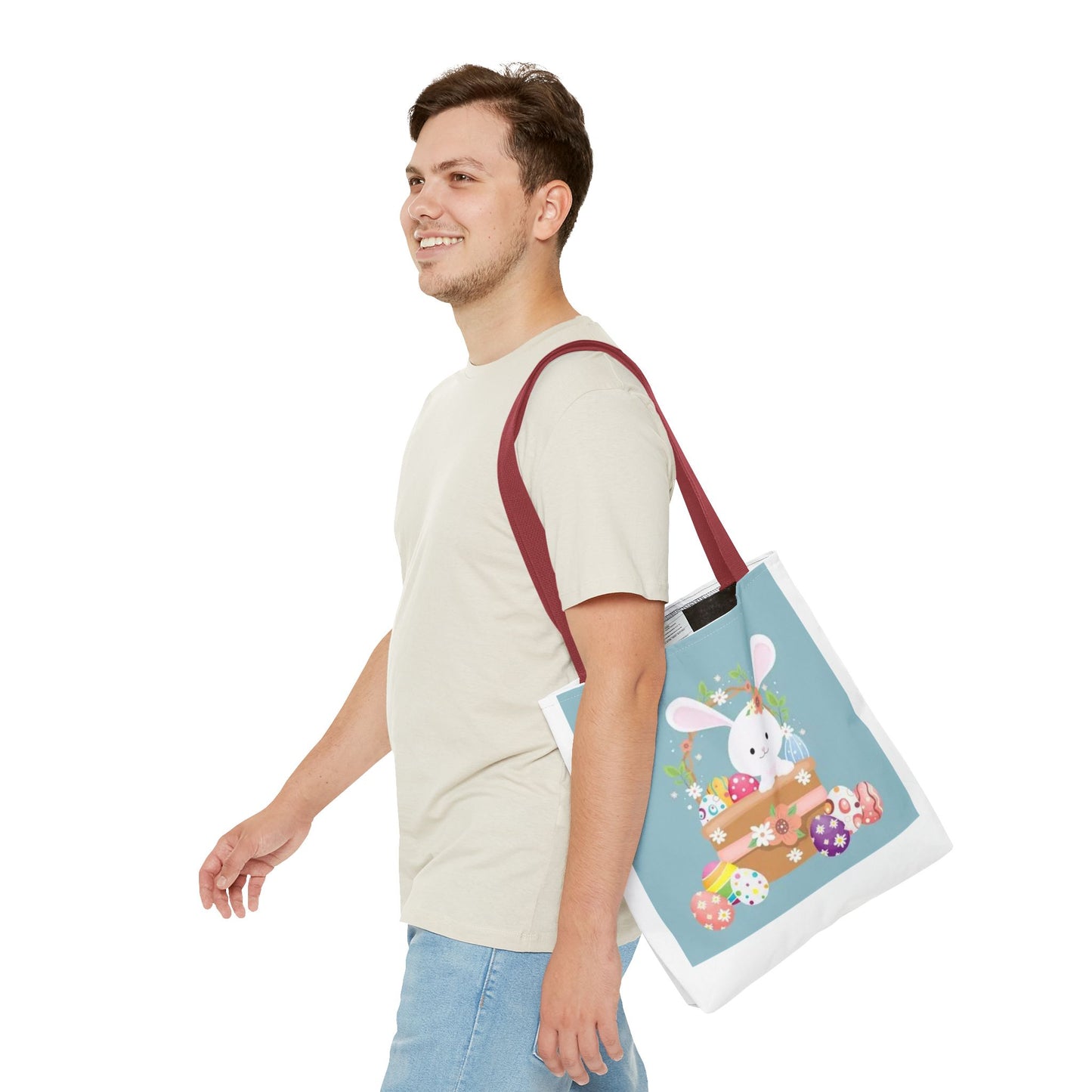 Easter Bunny Tote Bag — Cute Floral Bunny with Painted Eggs All-Over Print