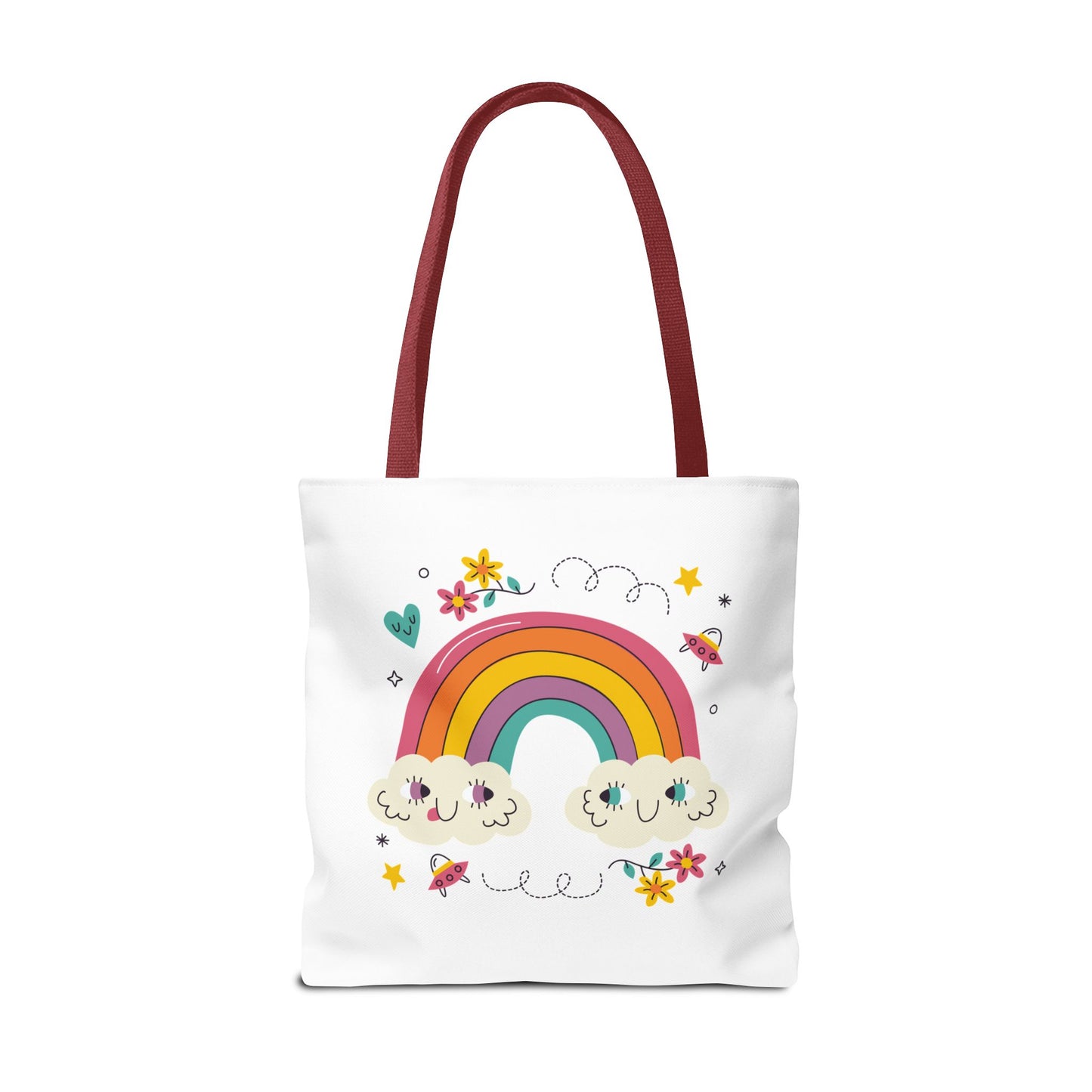 Cute Rainbow Tote Bag — Kawaii Smiling Clouds, Floral & Heart Print