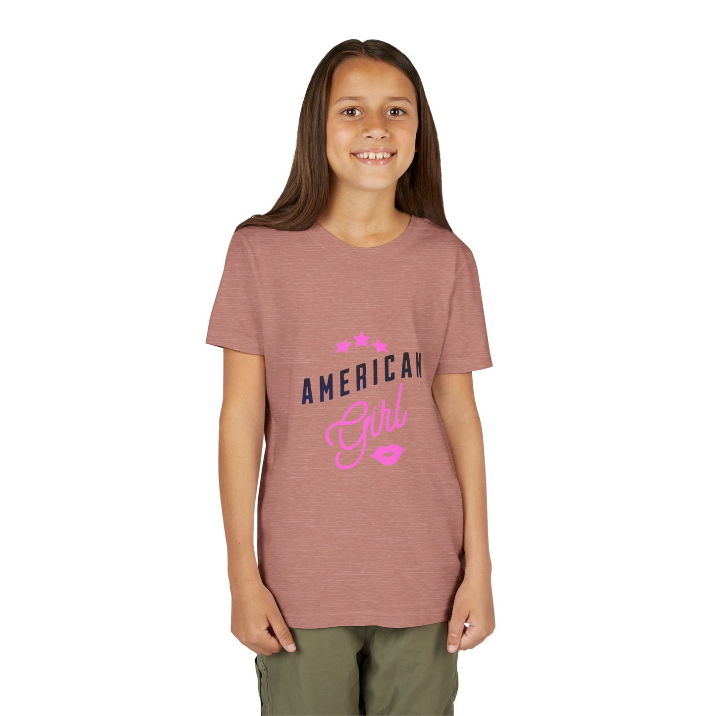American Girl Youth Tee — Pink Script Stars Patriotic Kids Shirt