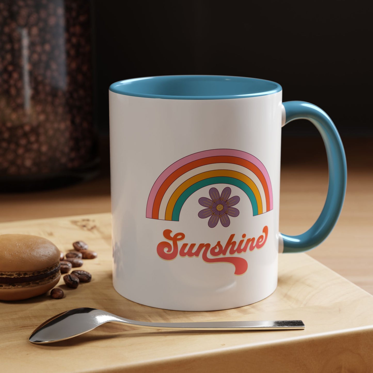 Sunshine Rainbow Accent Coffee Mug — Retro Flower 70s Vibe