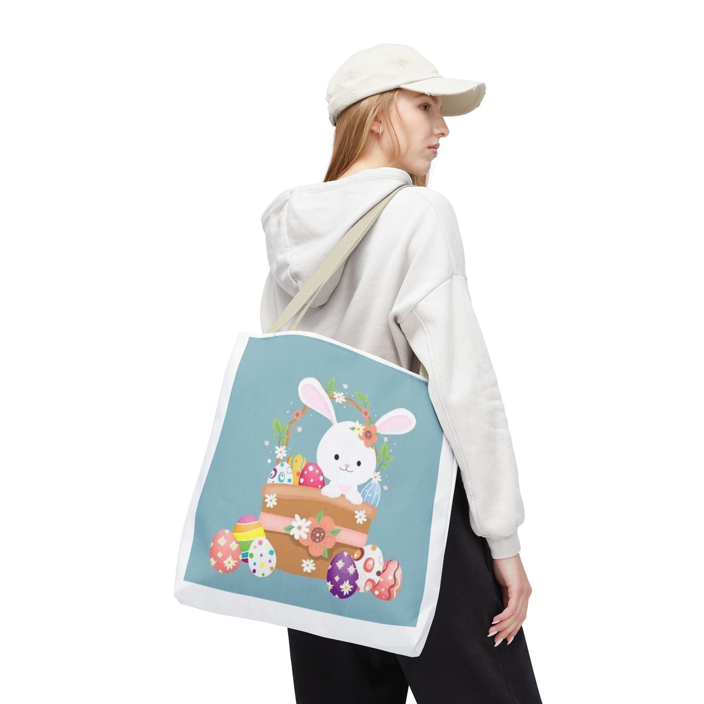 Easter Bunny Tote Bag — Cute Floral Bunny with Painted Eggs All-Over Print