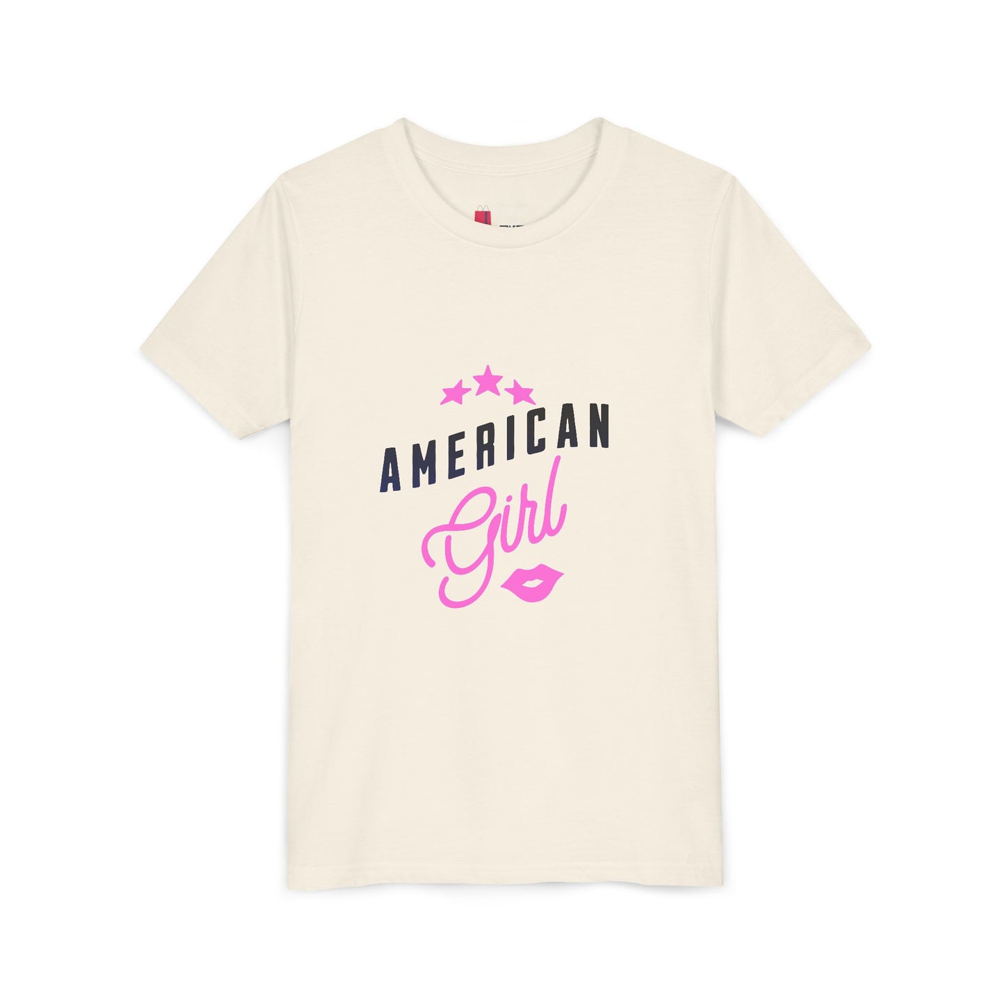 American Girl Youth Tee — Pink Script Stars Patriotic Kids Shirt