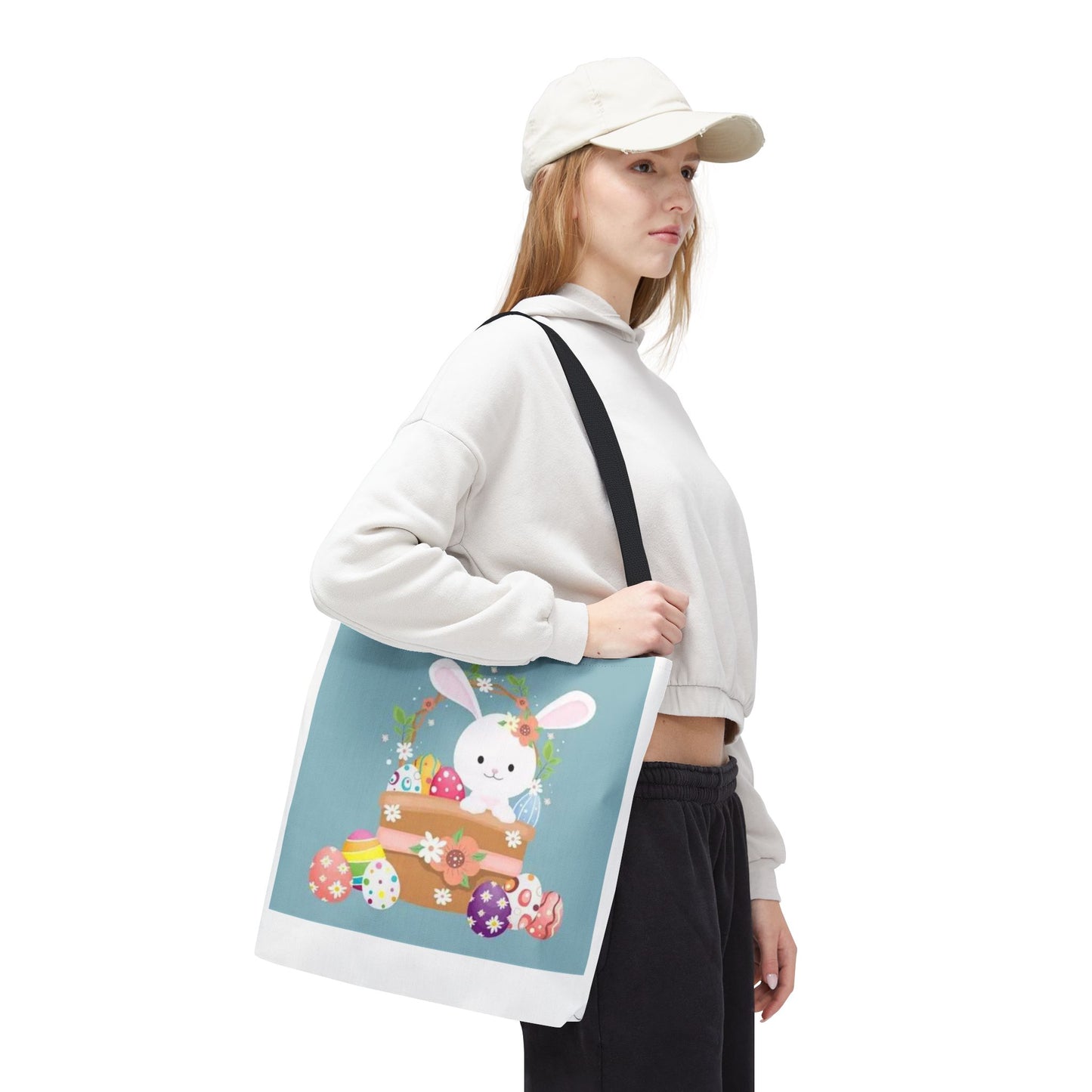 Easter Bunny Tote Bag — Cute Floral Bunny with Painted Eggs All-Over Print