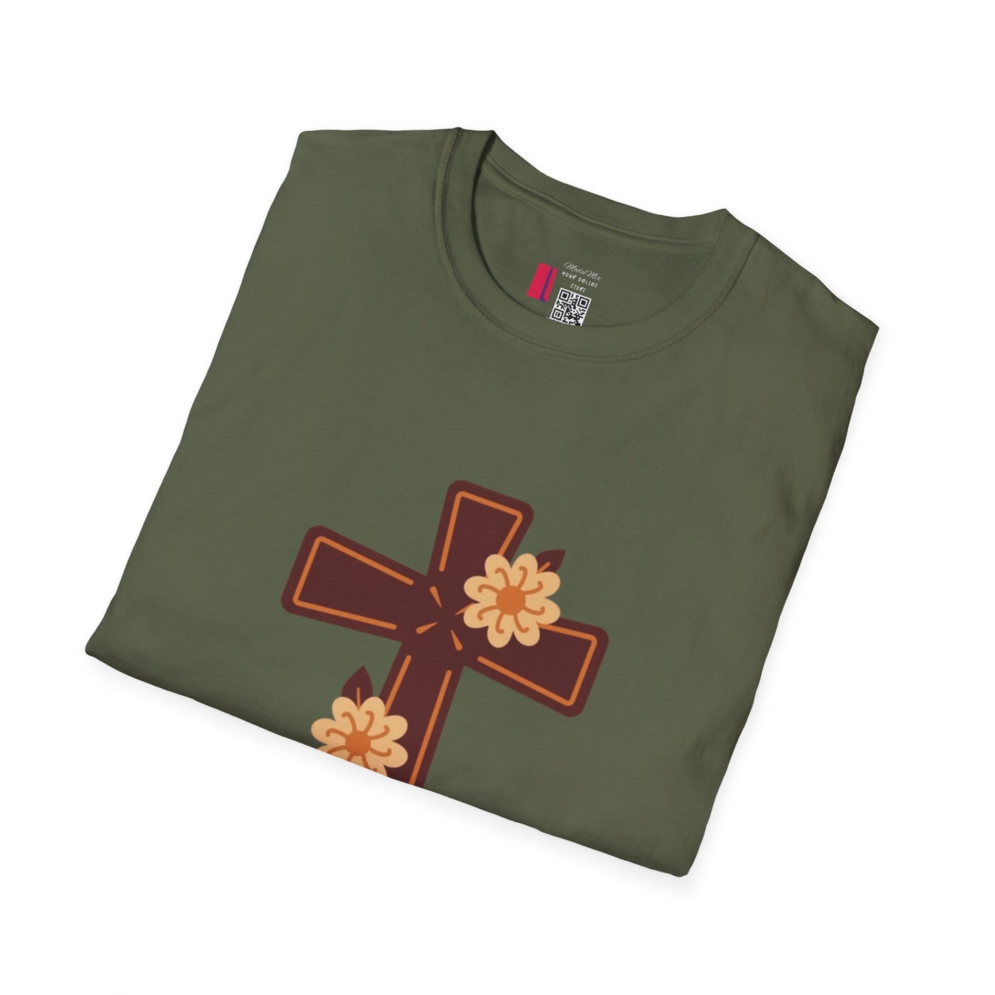 Floral Cross T-Shirt — Religious Christian Tee with Yellow Flower Accent