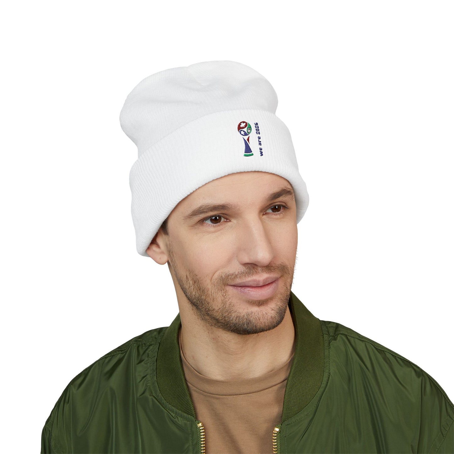 Embroidered 2026 World Cup Trophy Beanie — Soccer Fan Cuffed Knit Hat