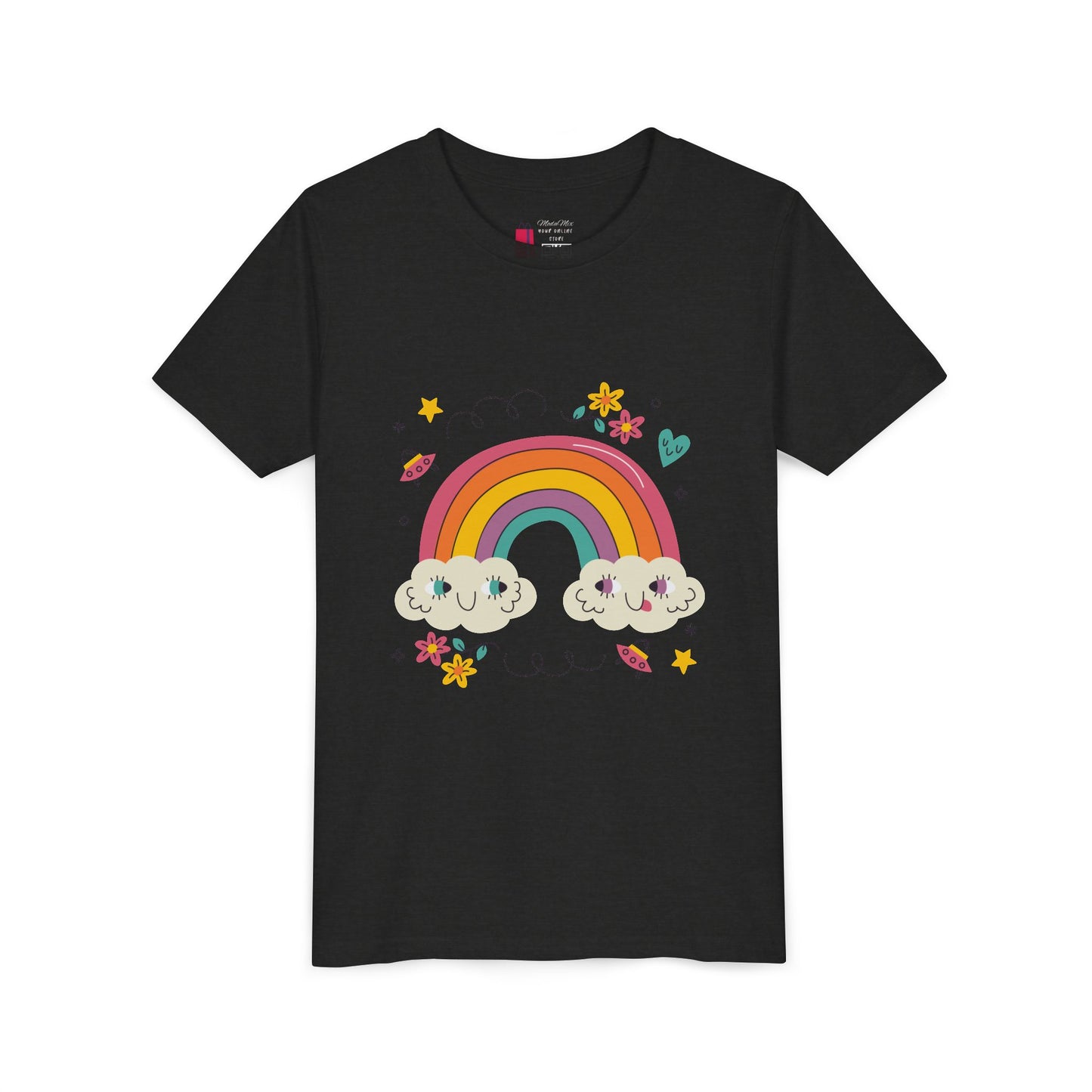 Youth Rainbow Tee — Cute Smiling Clouds & Rainbow Kids Shirt