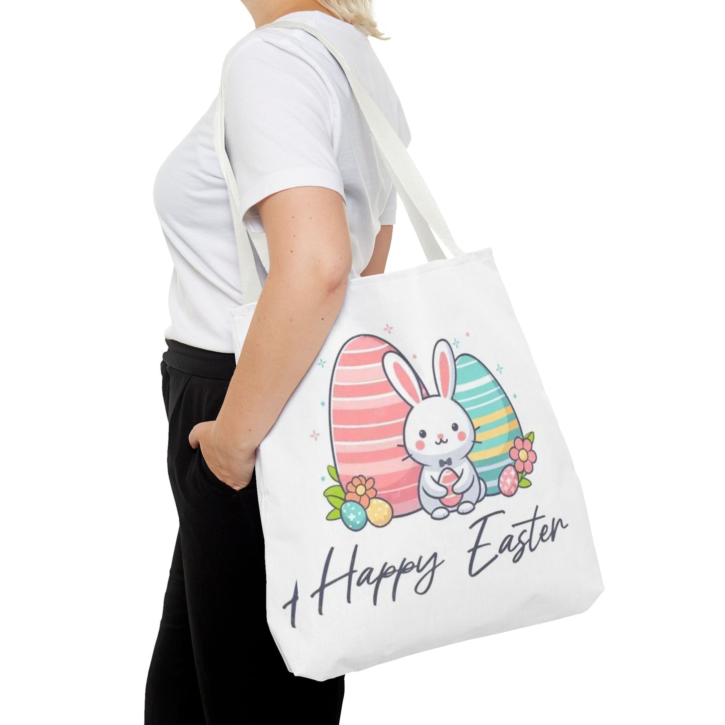 Easter Bunny Tote Bag — Cute "Happy Easter" Bunny with Colorful Eggs
