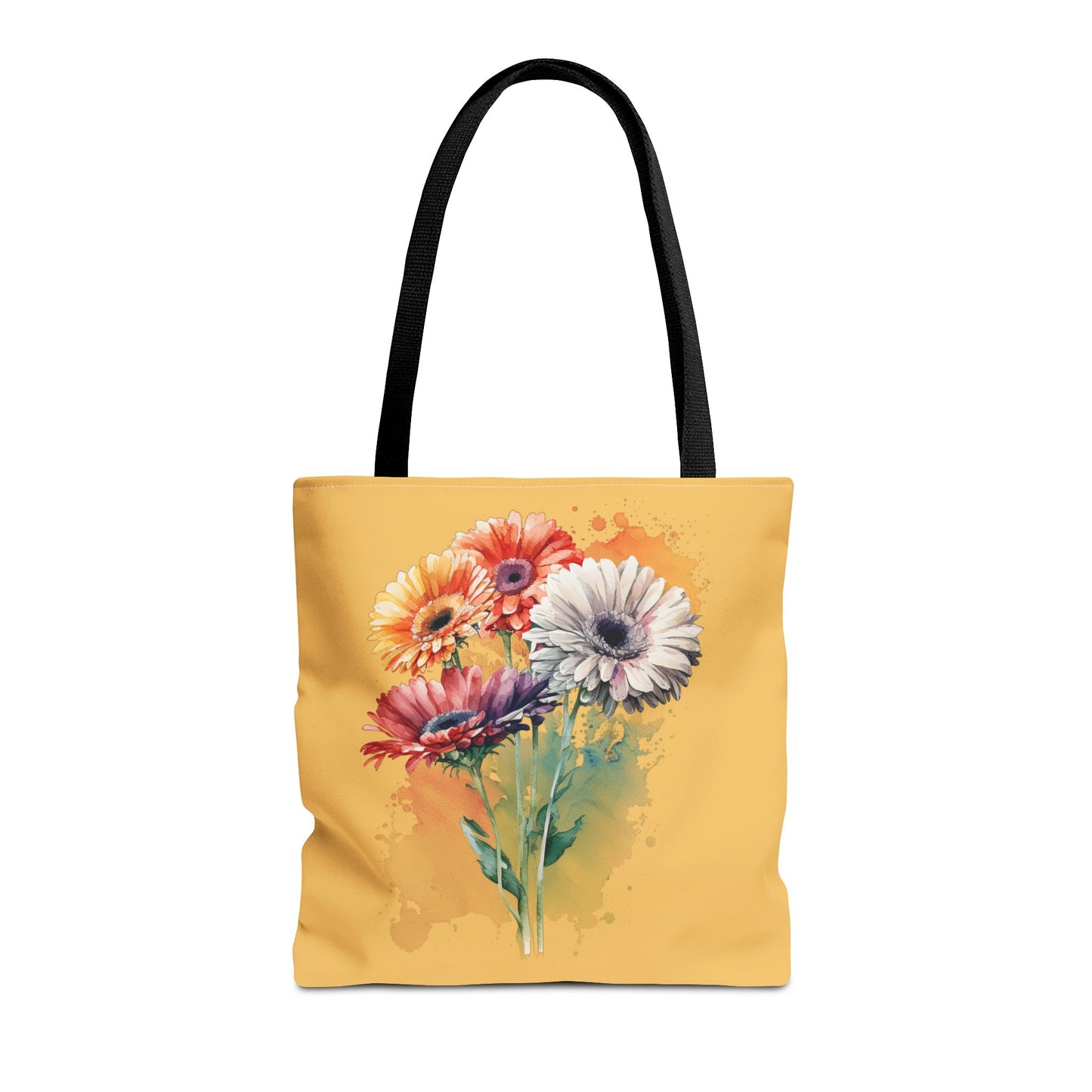 Floral Watercolor Tote Bag — Colorful Gerbera Bouquet on Mustard Background