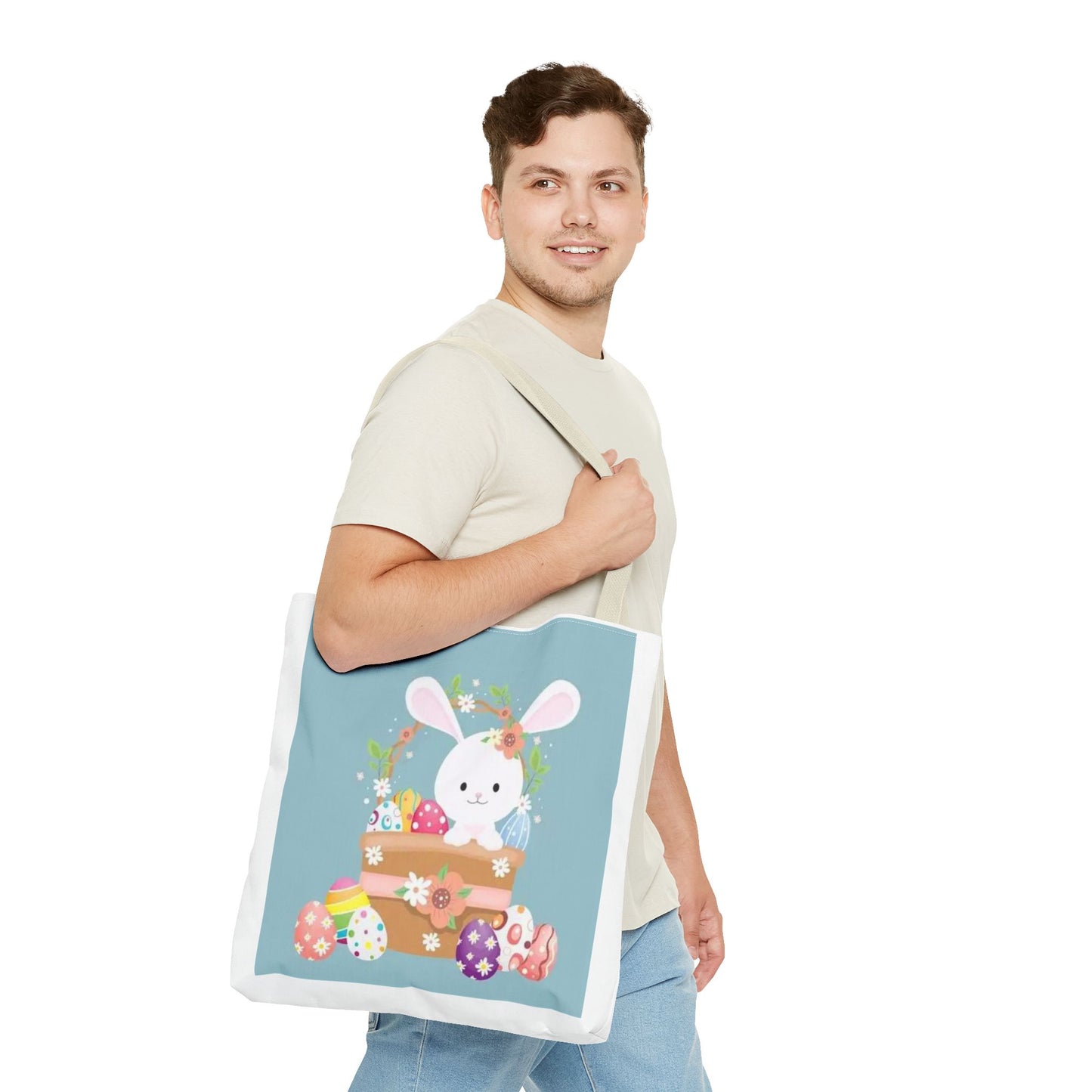 Easter Bunny Tote Bag — Cute Floral Bunny with Painted Eggs All-Over Print