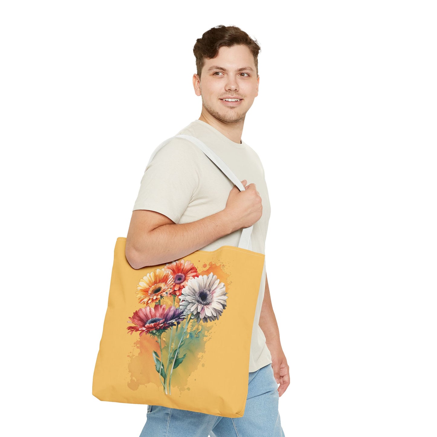 Floral Watercolor Tote Bag — Colorful Gerbera Bouquet on Mustard Background