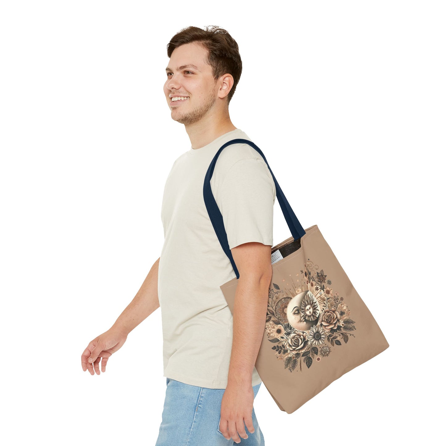 Celestial Sun & Moon Floral Tote Bag — Boho Vintage Astrology Beach Bag