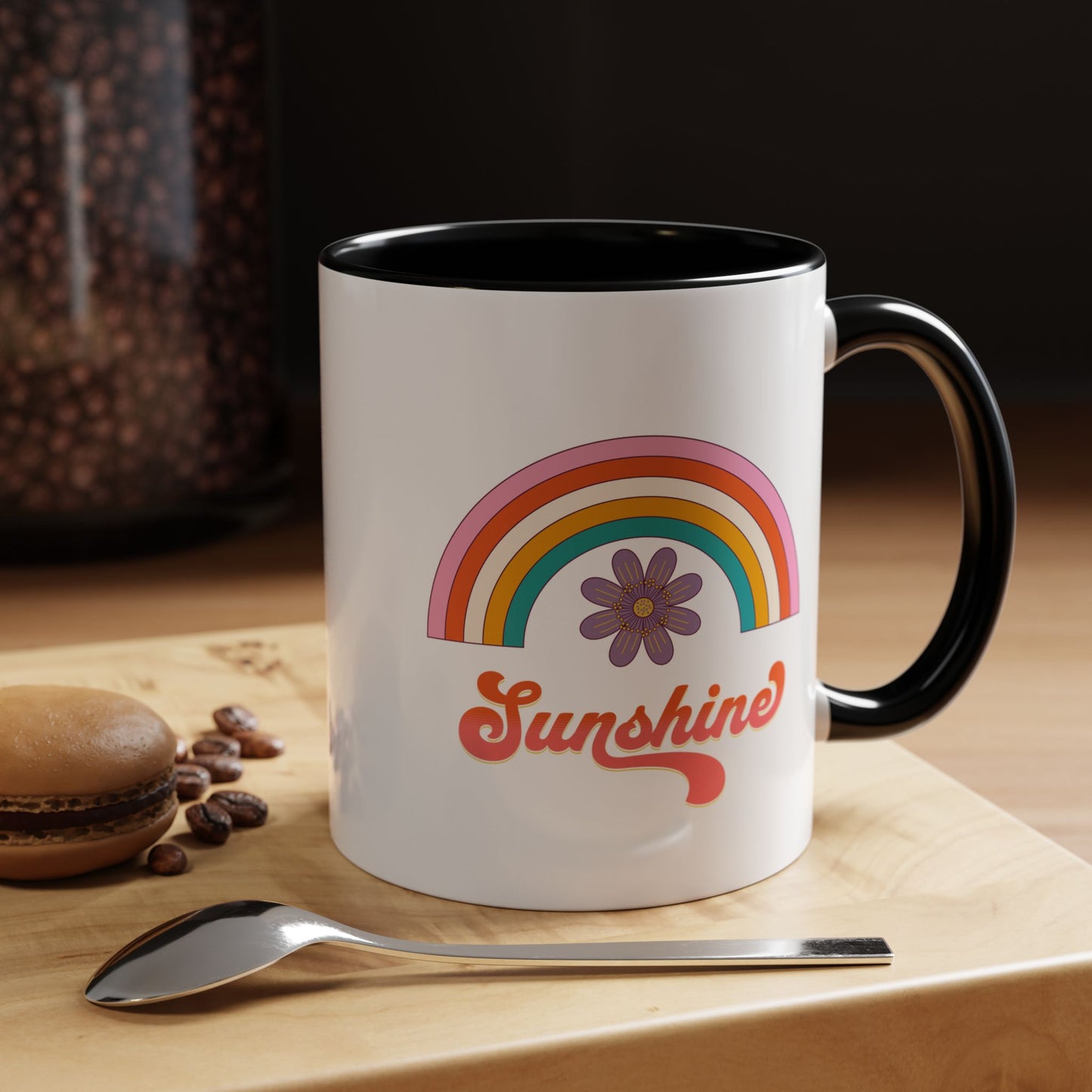 Sunshine Rainbow Accent Coffee Mug — Retro Flower 70s Vibe