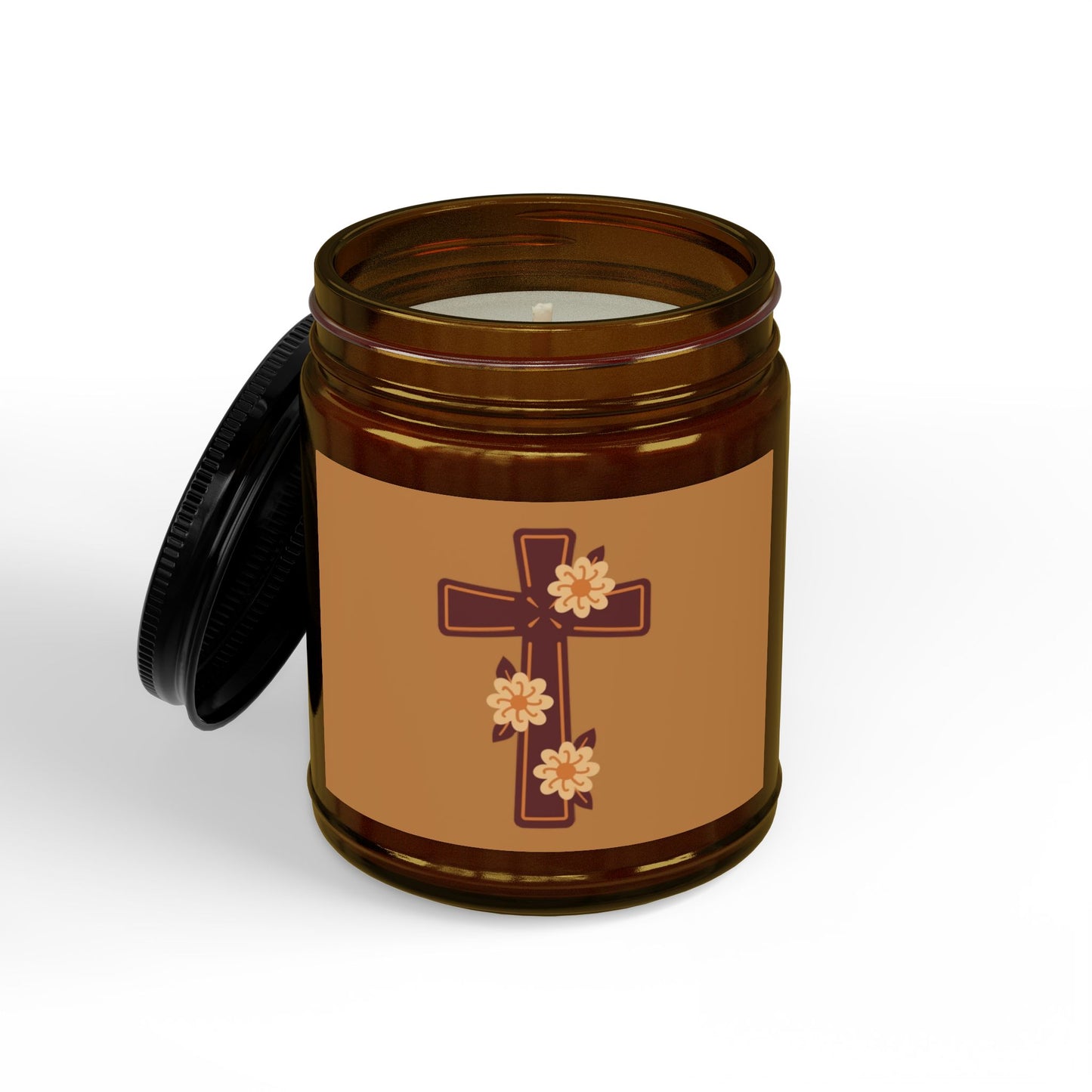 Floral Cross Scented Soy Candle — 4oz & 9oz Amber Jar with Black Lid