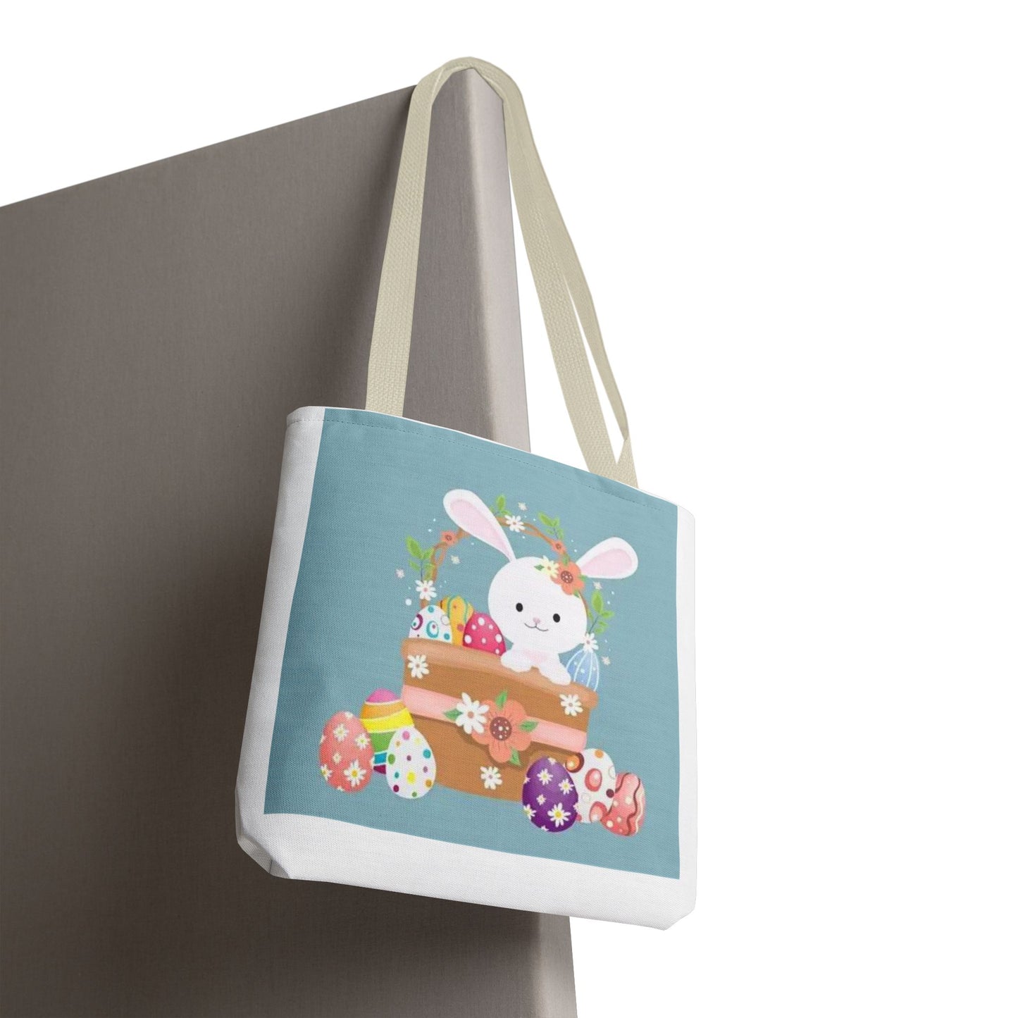 Easter Bunny Tote Bag — Cute Floral Bunny with Painted Eggs All-Over Print