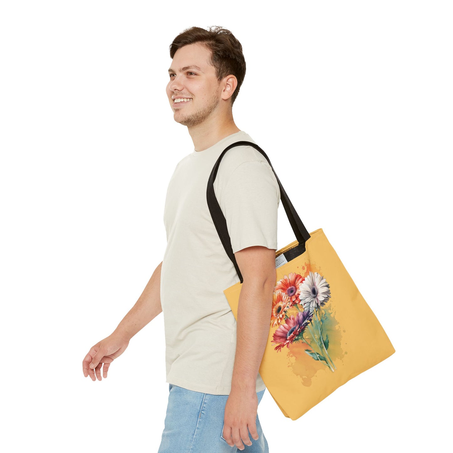 Floral Watercolor Tote Bag — Colorful Gerbera Bouquet on Mustard Background