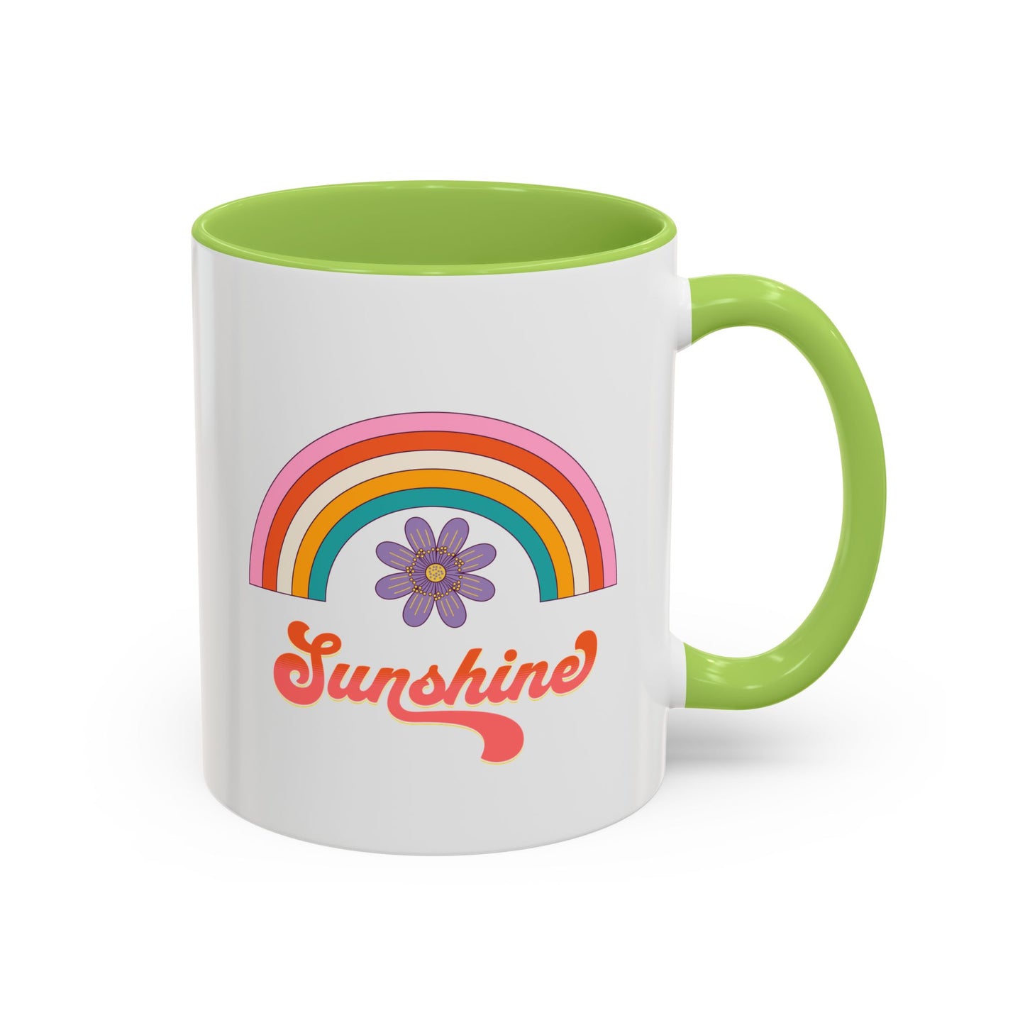 Sunshine Rainbow Accent Coffee Mug — Retro Flower 70s Vibe