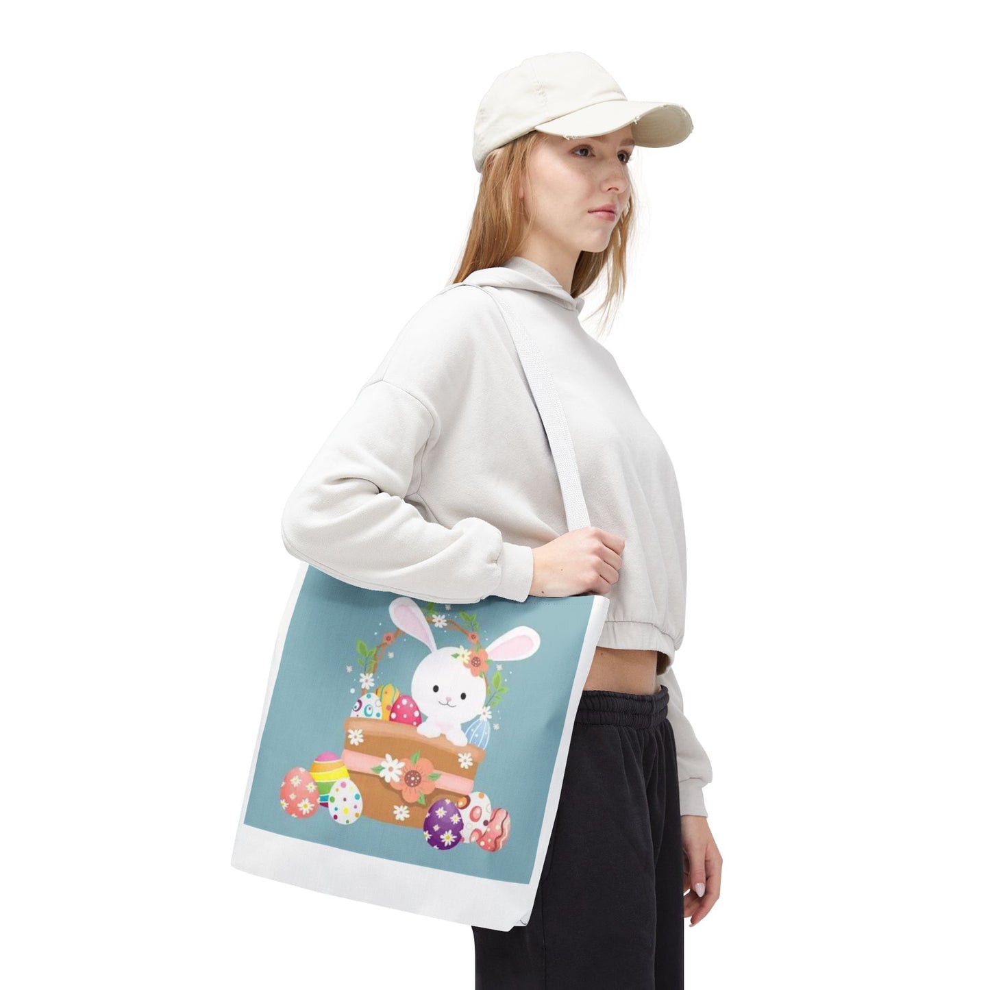 Easter Bunny Tote Bag — Cute Floral Bunny with Painted Eggs All-Over Print