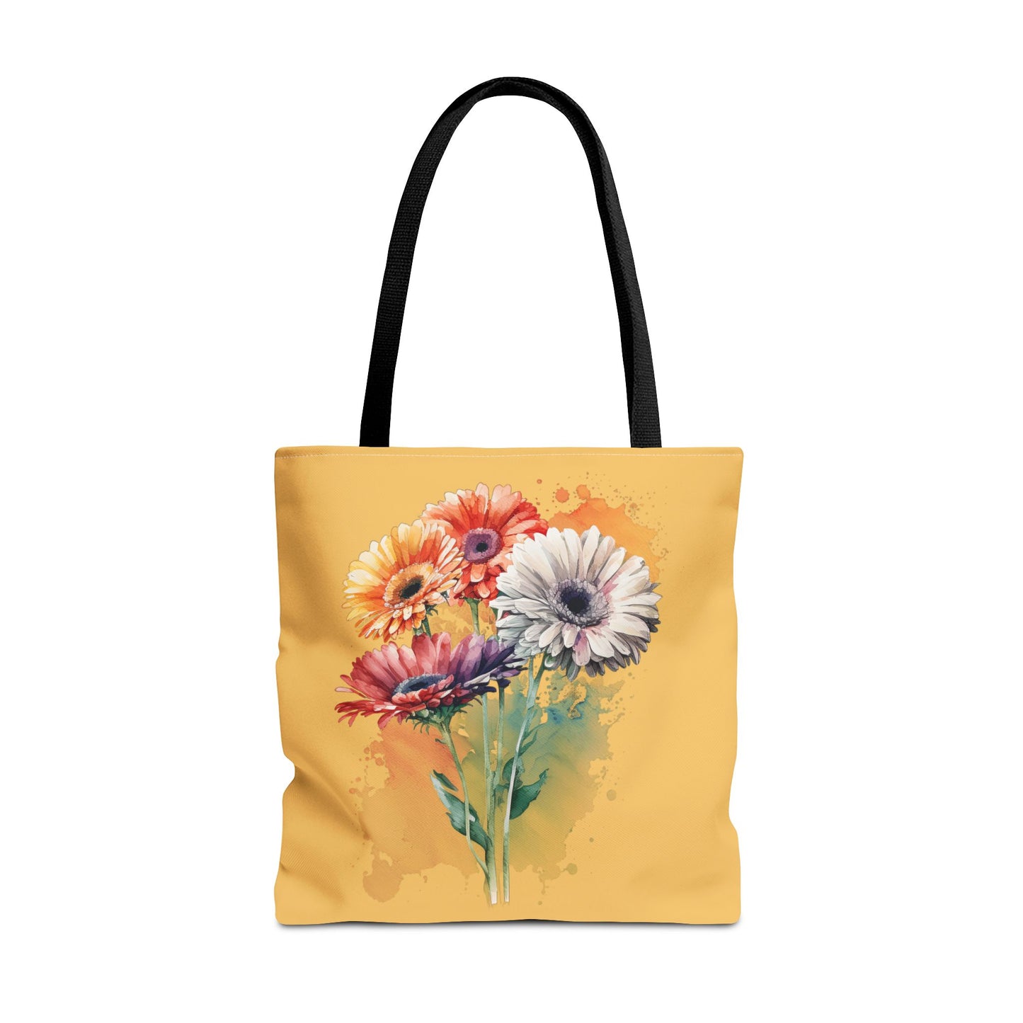 Floral Watercolor Tote Bag — Colorful Gerbera Bouquet on Mustard Background