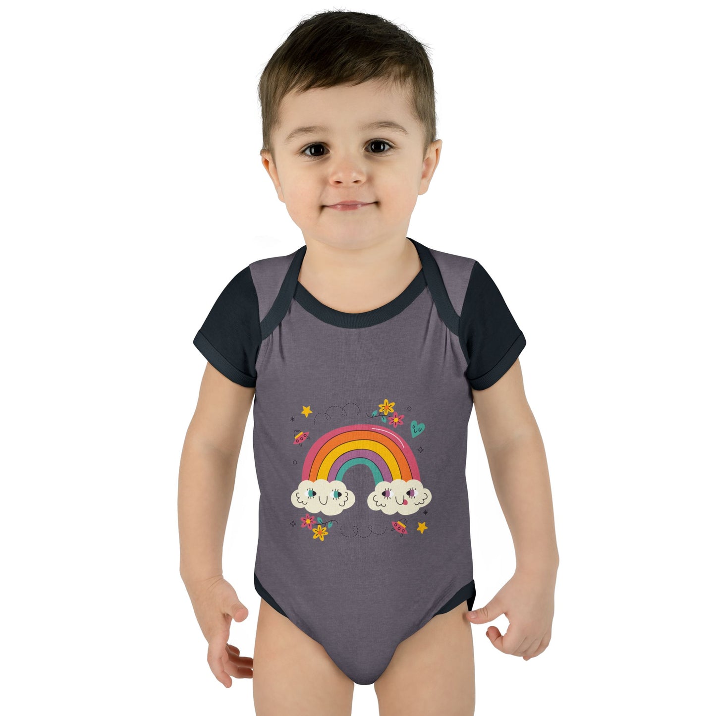 Baby Bodysuit — Cute Rainbow with Smiling Clouds Infant Onesie