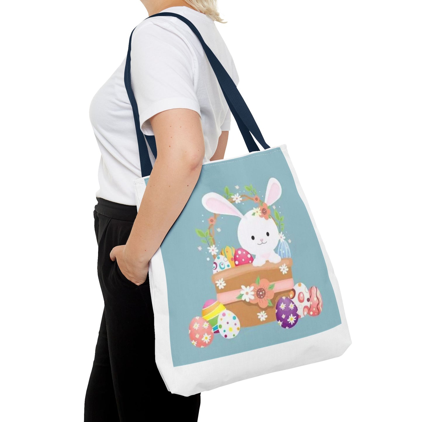 Easter Bunny Tote Bag — Cute Floral Bunny with Painted Eggs All-Over Print