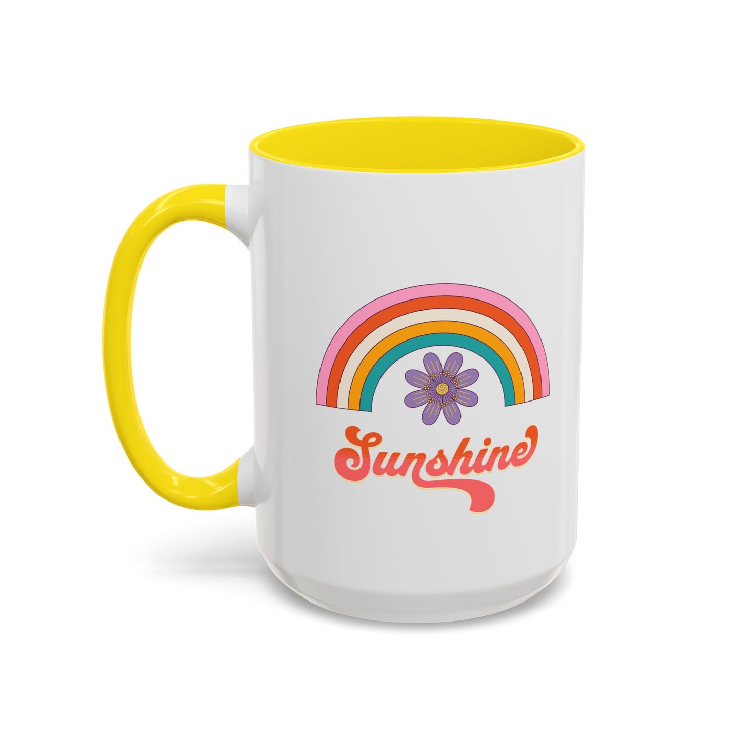 Sunshine Rainbow Accent Coffee Mug — Retro Flower 70s Vibe