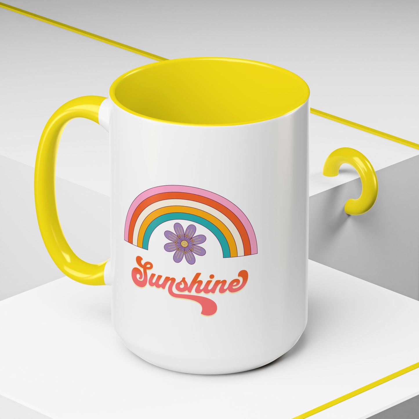Sunshine Rainbow Accent Coffee Mug — Retro Flower 70s Vibe