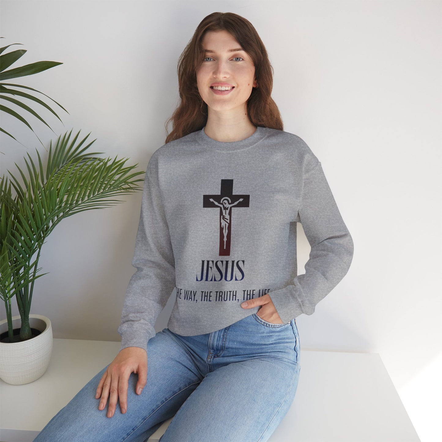 Jesus Cross Crewneck Sweatshirt — "The Way, The Truth, The Life" Christian Pullover