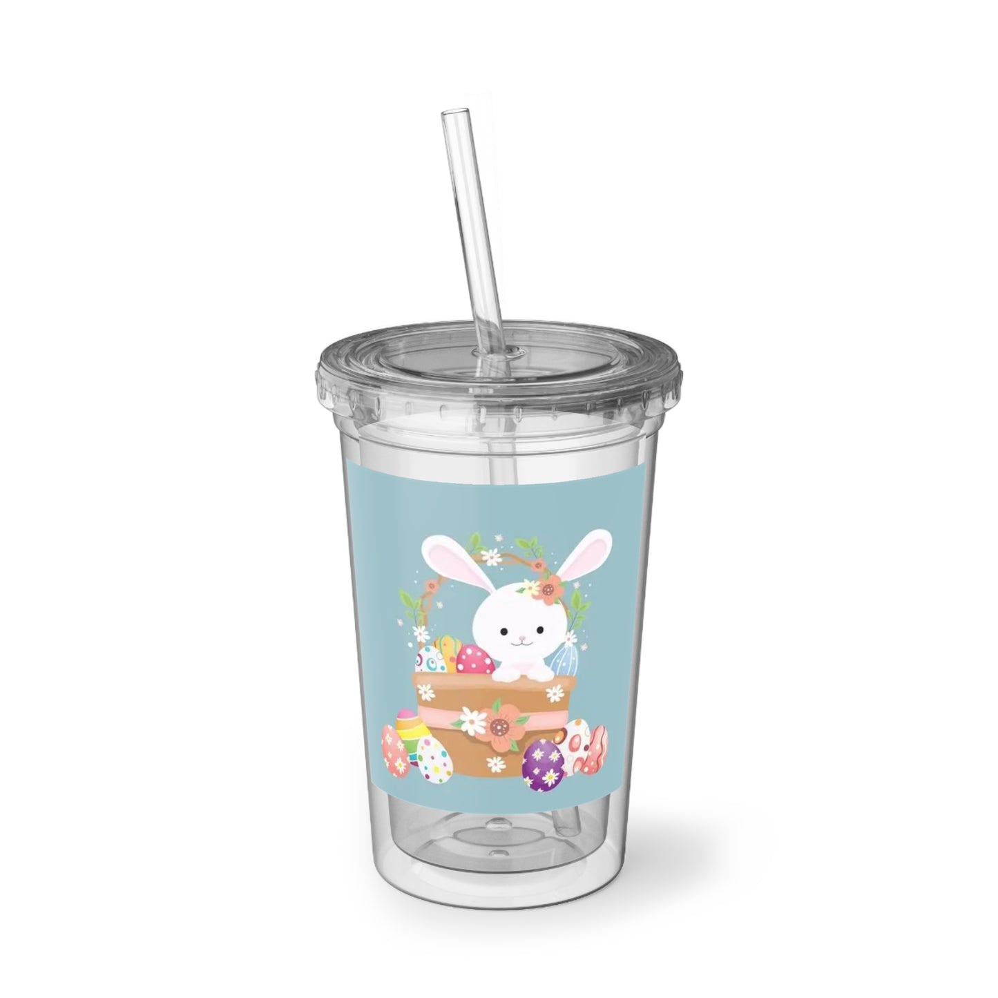 Easter Bunny Acrylic Cup — Cute Floral Bunny with Painted Eggs Tumbler