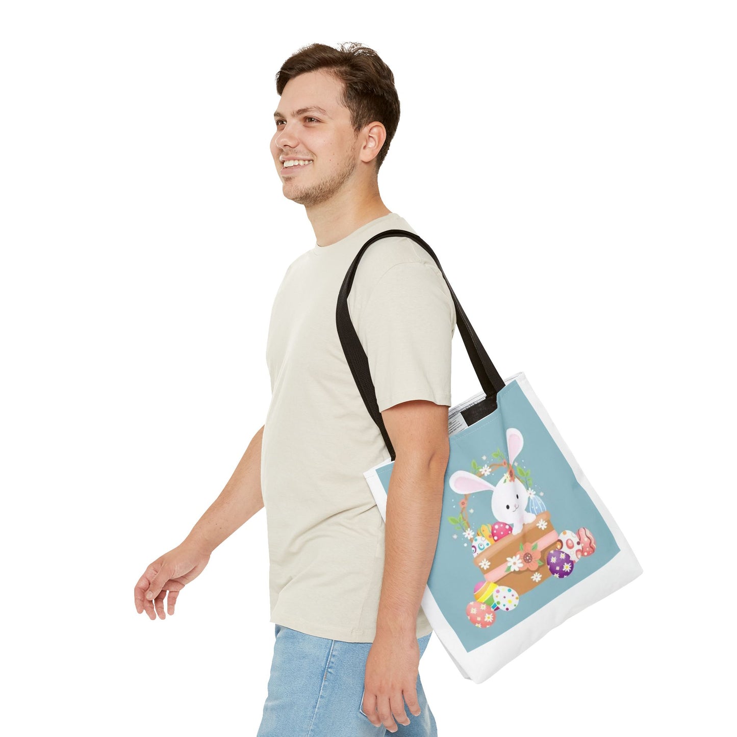 Easter Bunny Tote Bag — Cute Floral Bunny with Painted Eggs All-Over Print