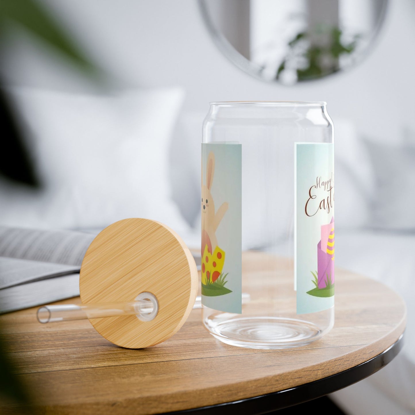 Easter Bunny 16oz Sipper Glass — Cute Spring Bunny & Eggs Travel Cup