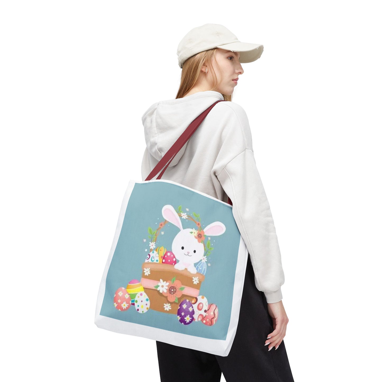 Easter Bunny Tote Bag — Cute Floral Bunny with Painted Eggs All-Over Print