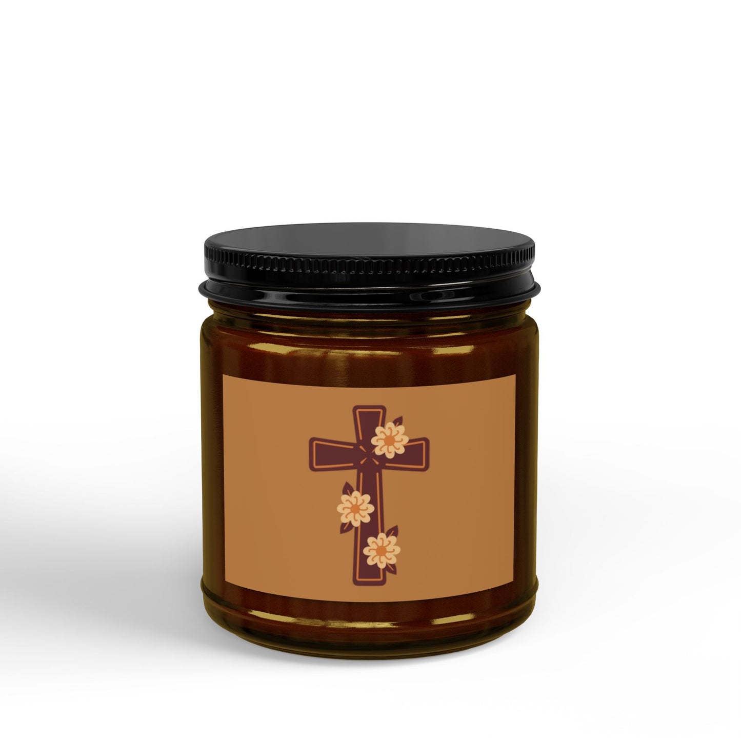 Floral Cross Scented Soy Candle — 4oz & 9oz Amber Jar with Black Lid