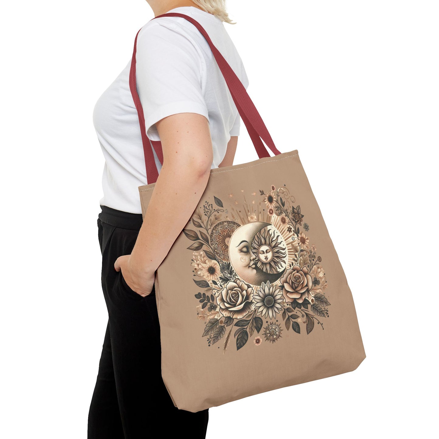 Celestial Sun & Moon Floral Tote Bag — Boho Vintage Astrology Beach Bag