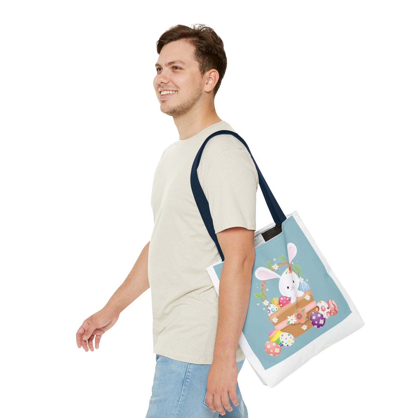 Easter Bunny Tote Bag — Cute Floral Bunny with Painted Eggs All-Over Print